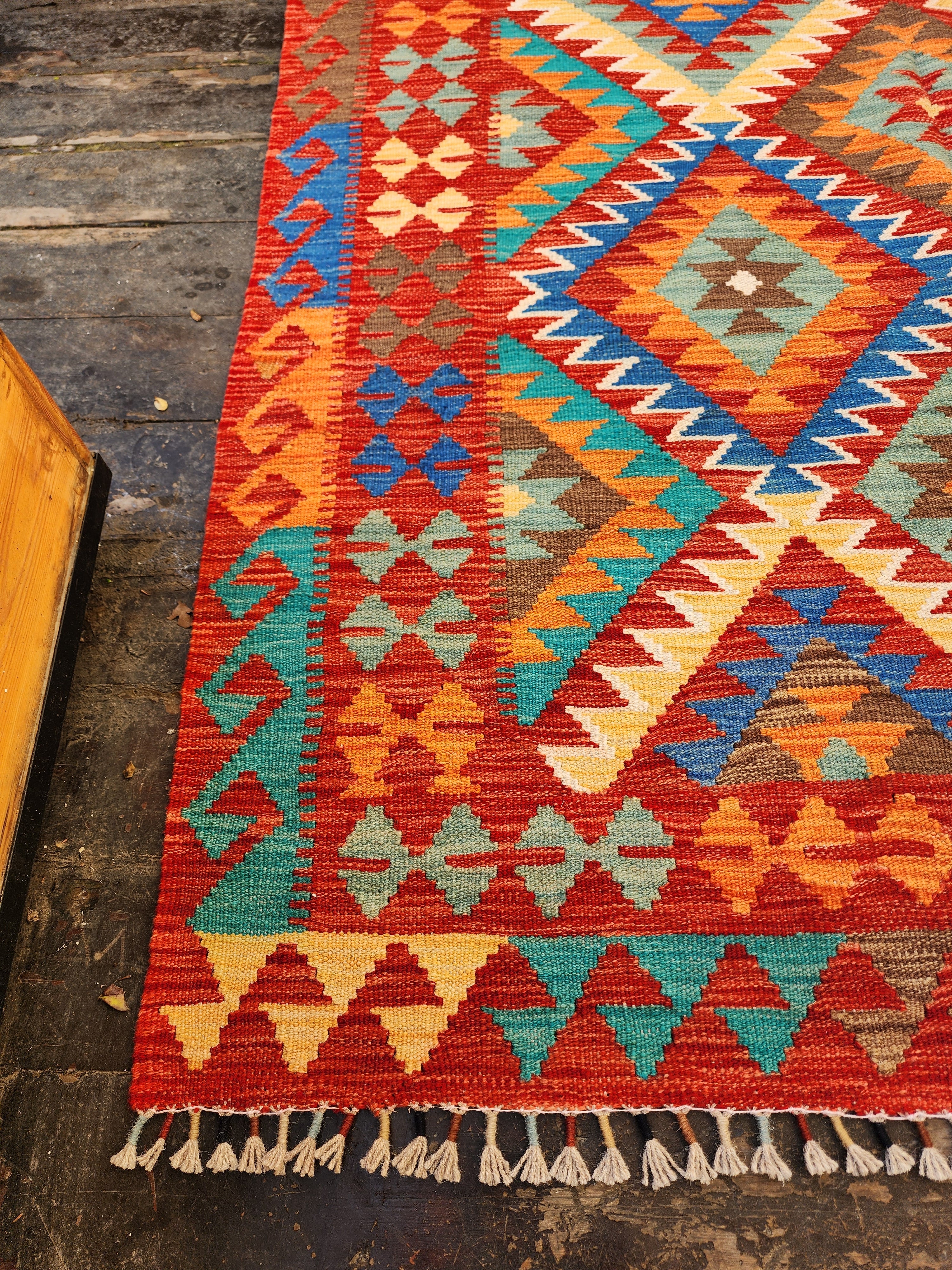 Afghan Kilim Rug, ''5''x6'7'' Orange Blue and Green Kilim Rug,