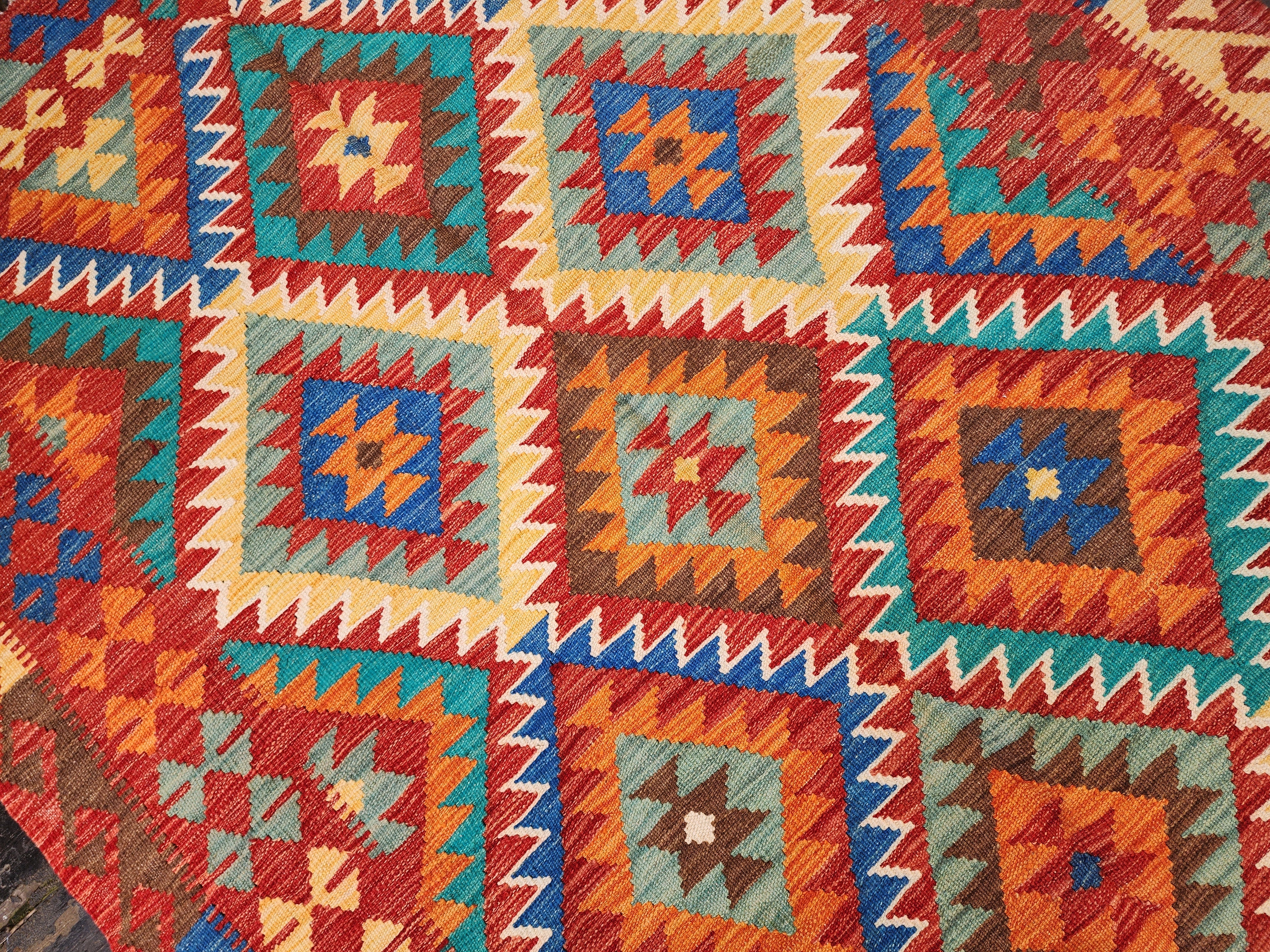 Afghan Kilim Rug, ''5''x6'7'' Orange Blue and Green Kilim Rug,