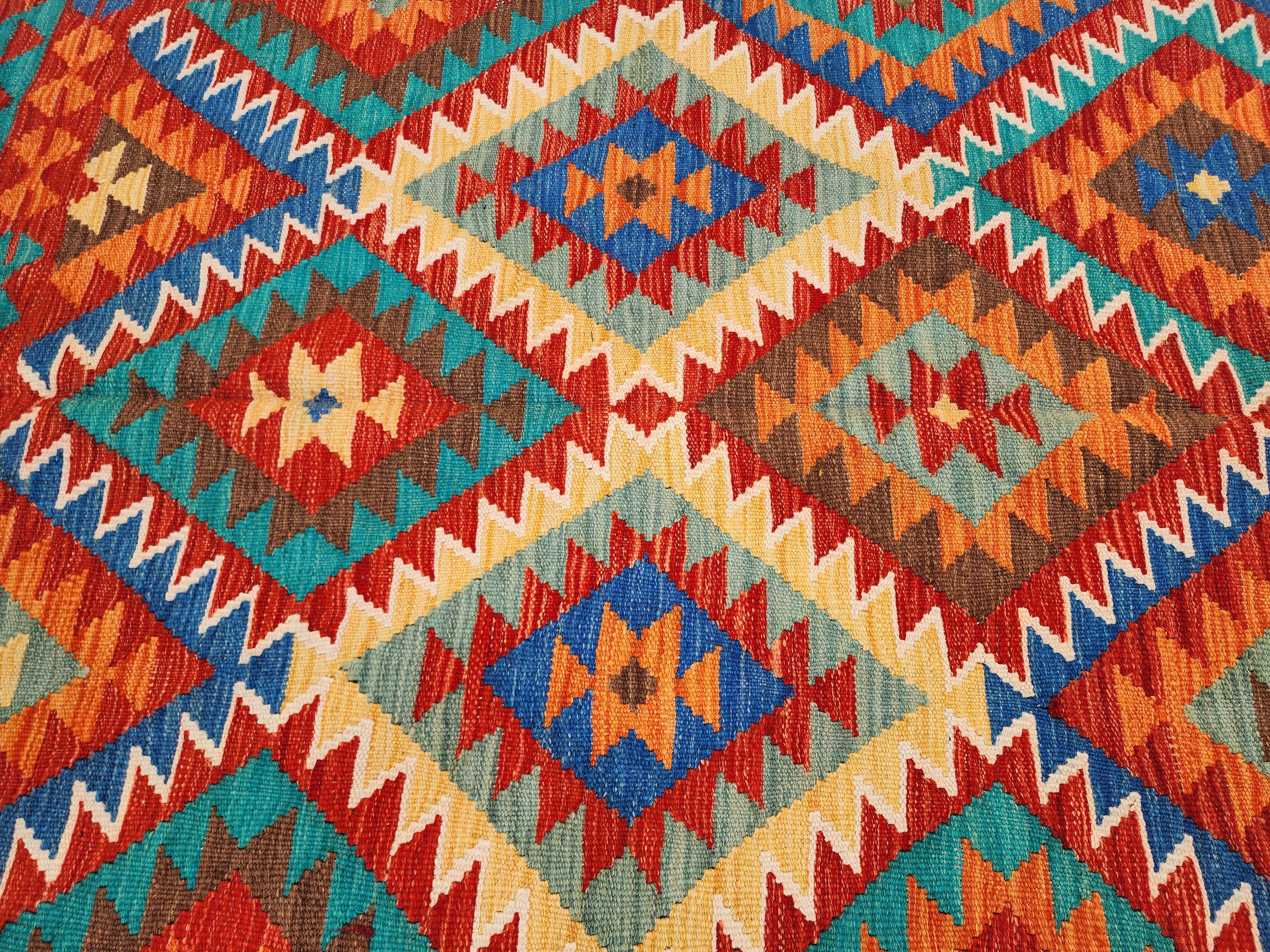 Afghan Kilim Rug, ''5''x6'7'' Orange Blue and Green Kilim Rug,