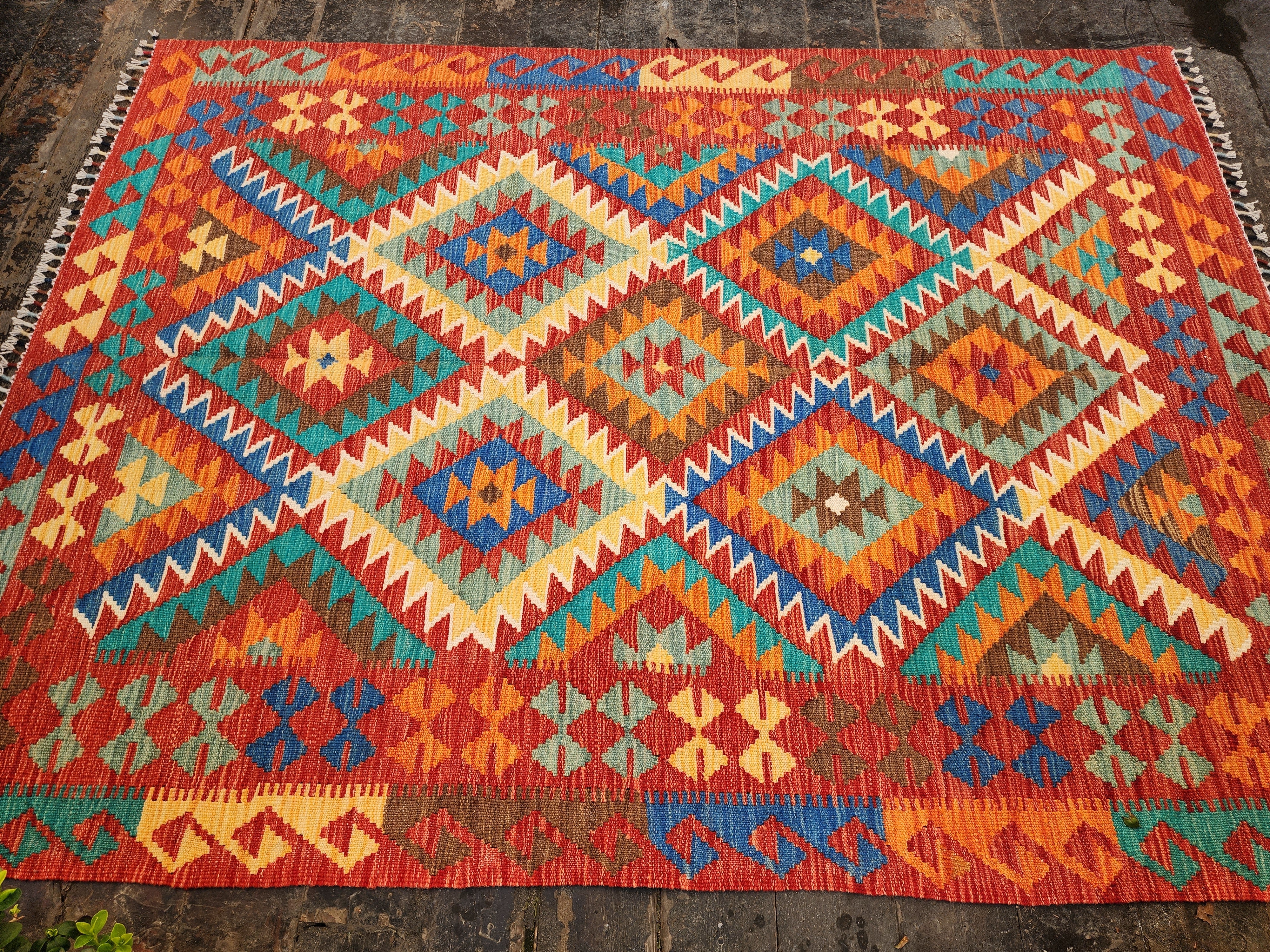 Afghan Kilim Rug, ''5''x6'7'' Orange Blue and Green Kilim Rug,