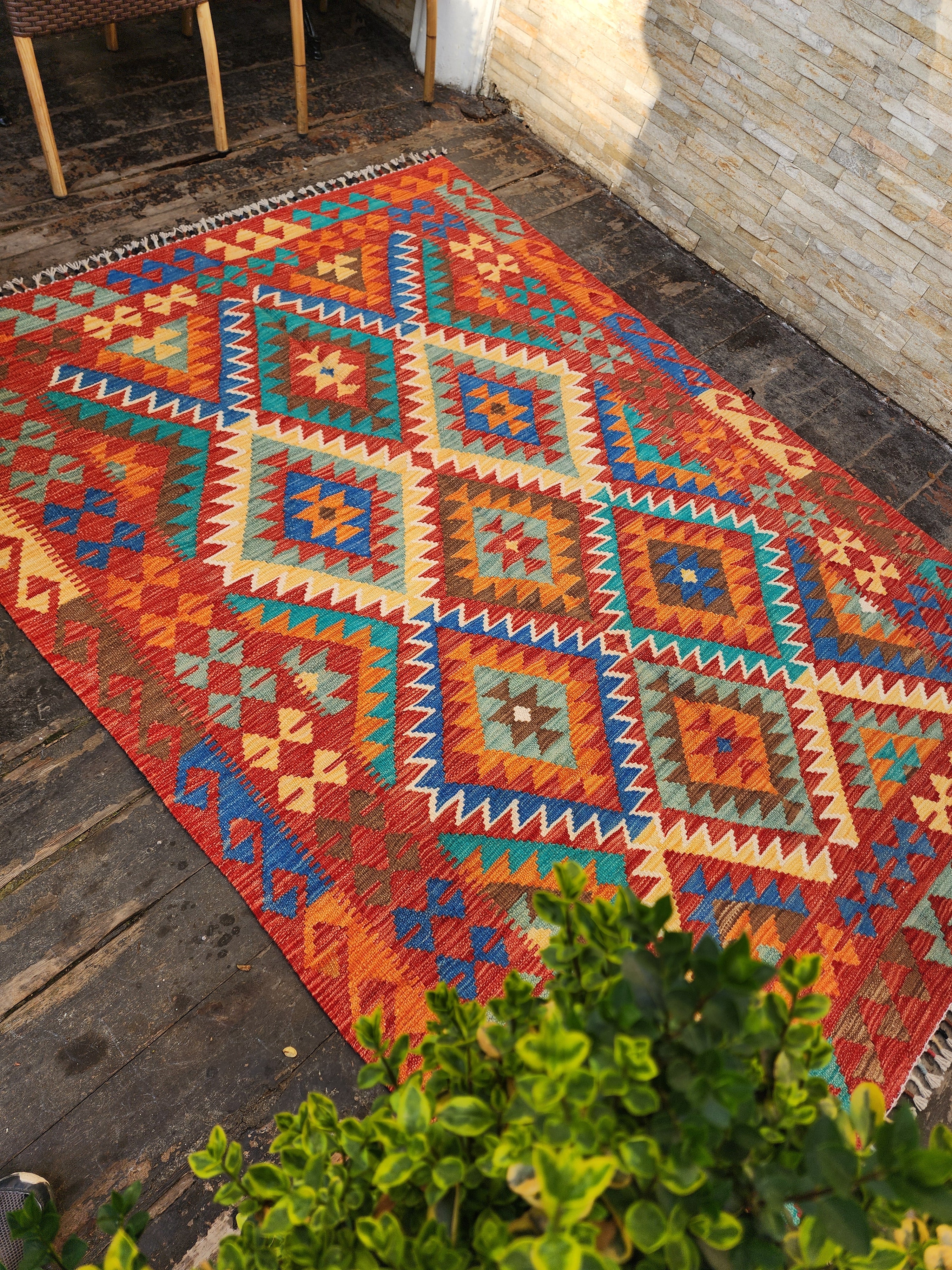 Afghan Kilim Rug, ''5''x6'7'' Orange Blue and Green Kilim Rug,