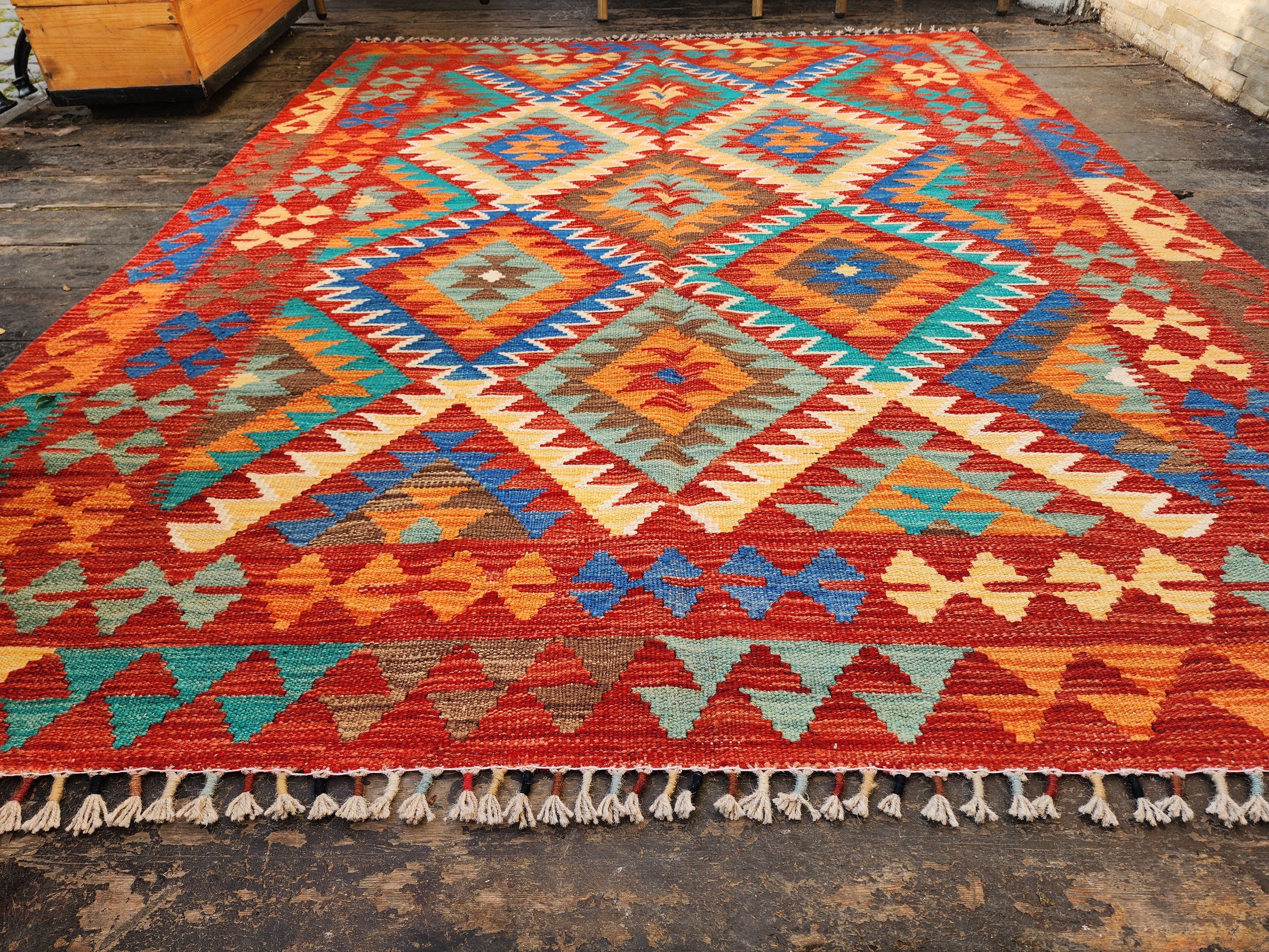 Afghan Kilim Rug, ''5''x6'7'' Orange Blue and Green Kilim Rug,