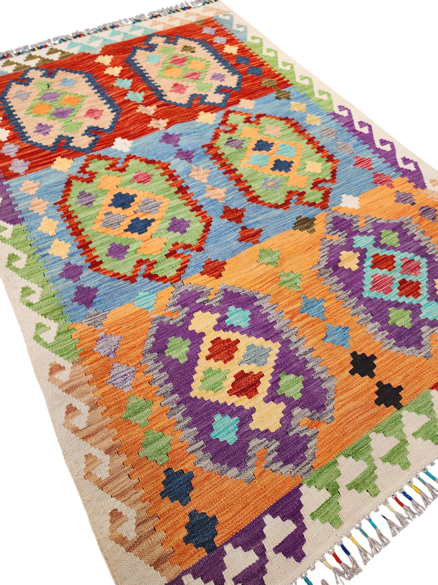 Afghan Kilim Rug, 3'8''x5'7'' Orange Blue and Red Kilim Rug, Turkish Southwest Aztec Boho Rustic Handmade Natural Wool Persian Rug