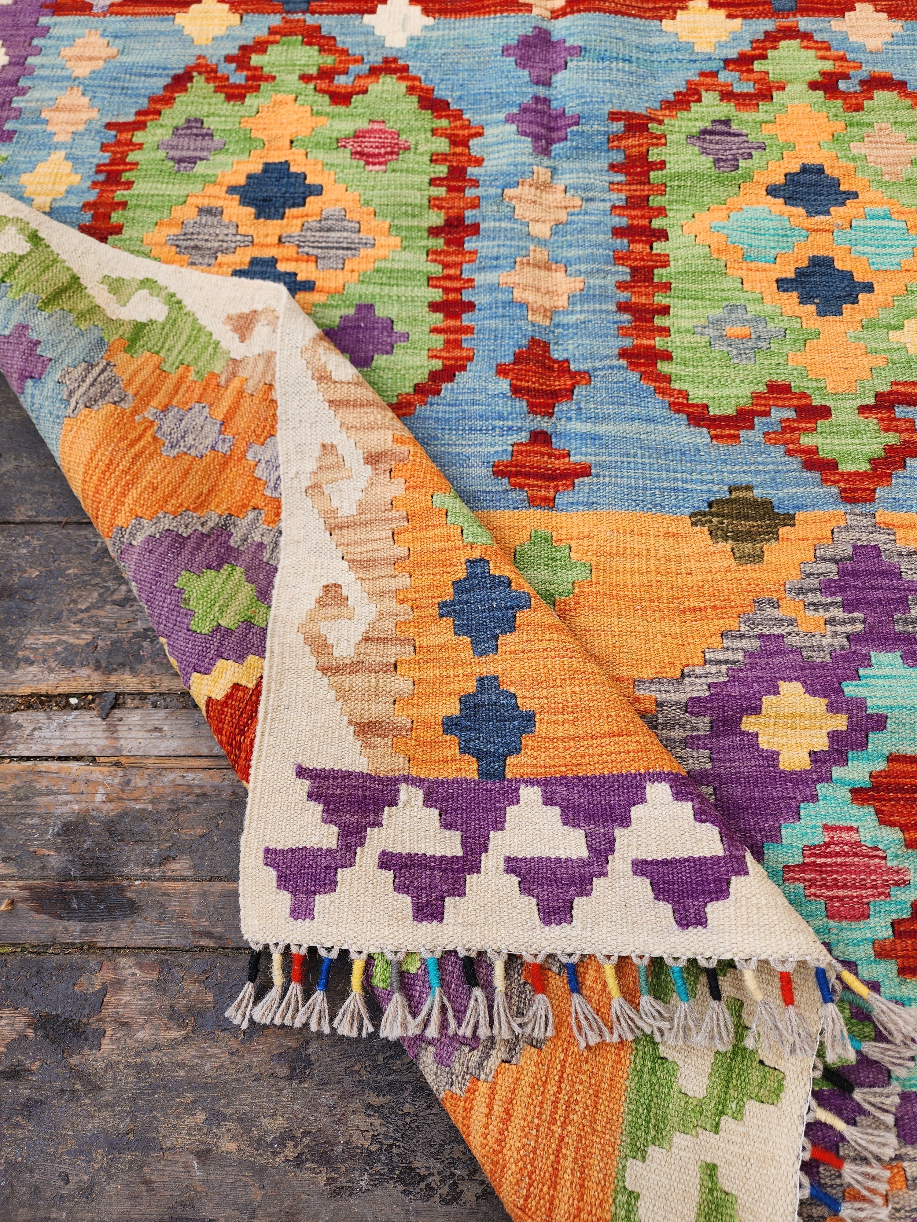 Afghan Kilim Rug, 3'8''x5'7'' Orange Blue and Red Kilim Rug, Turkish Southwest Aztec Boho Rustic Handmade Natural Wool Persian Rug