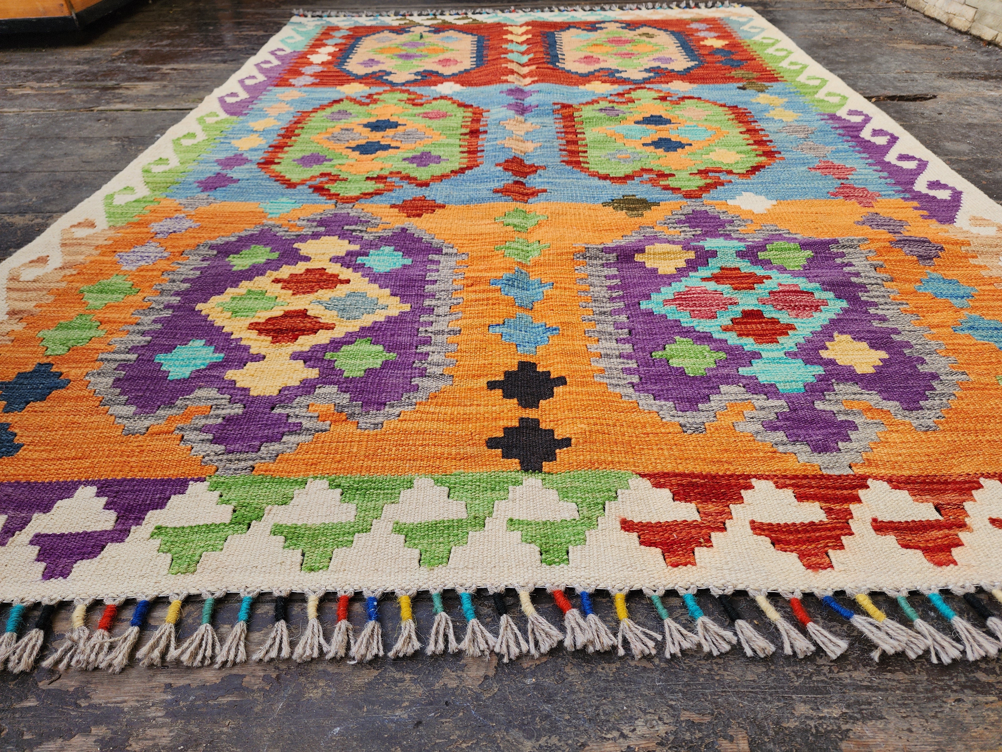Afghan Kilim Rug, 3'8''x5'7'' Orange Blue and Red Kilim Rug, Turkish Southwest Aztec Boho Rustic Handmade Natural Wool Persian Rug