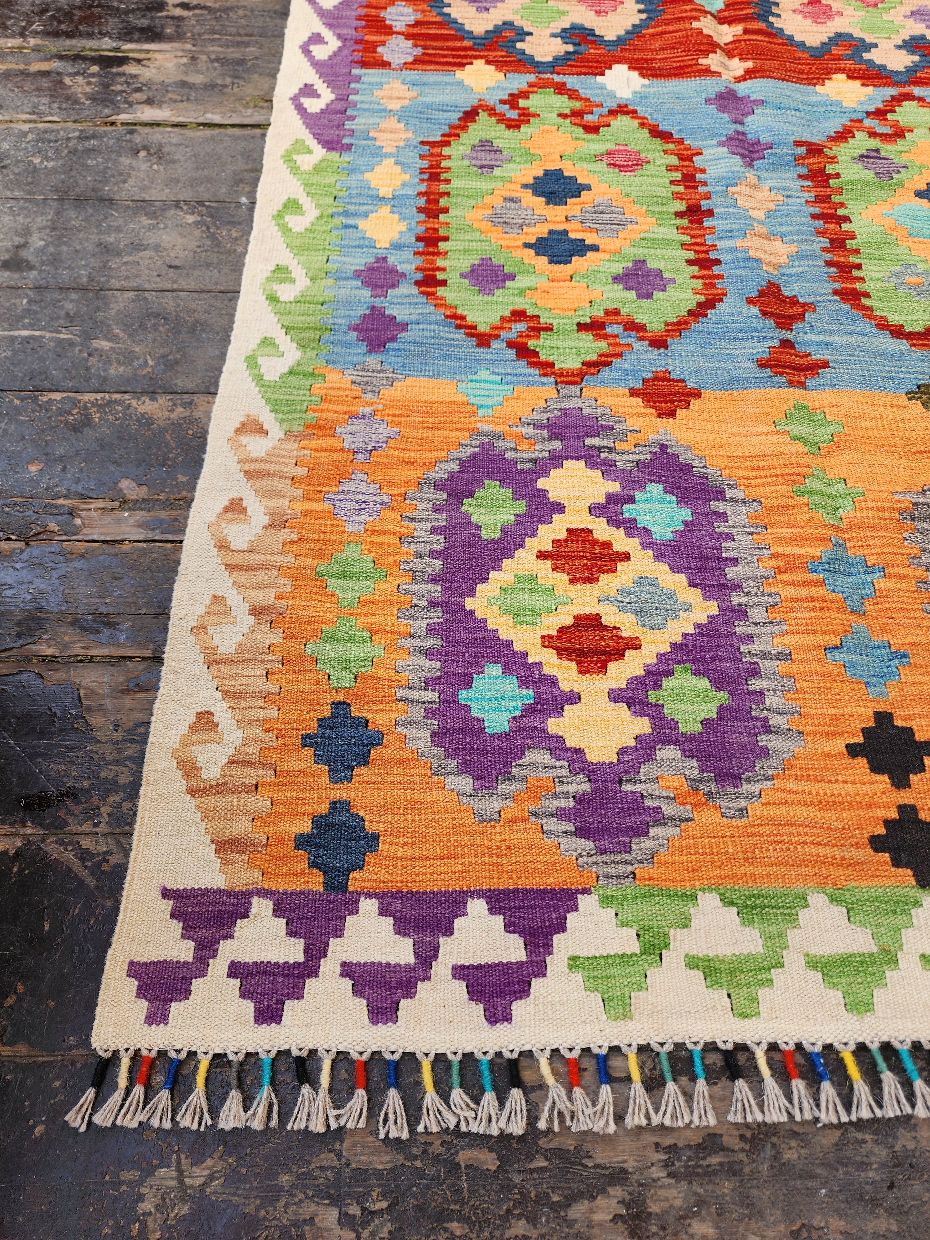 Afghan Kilim Rug, 3'8''x5'7'' Orange Blue and Red Kilim Rug, Turkish Southwest Aztec Boho Rustic Handmade Natural Wool Persian Rug