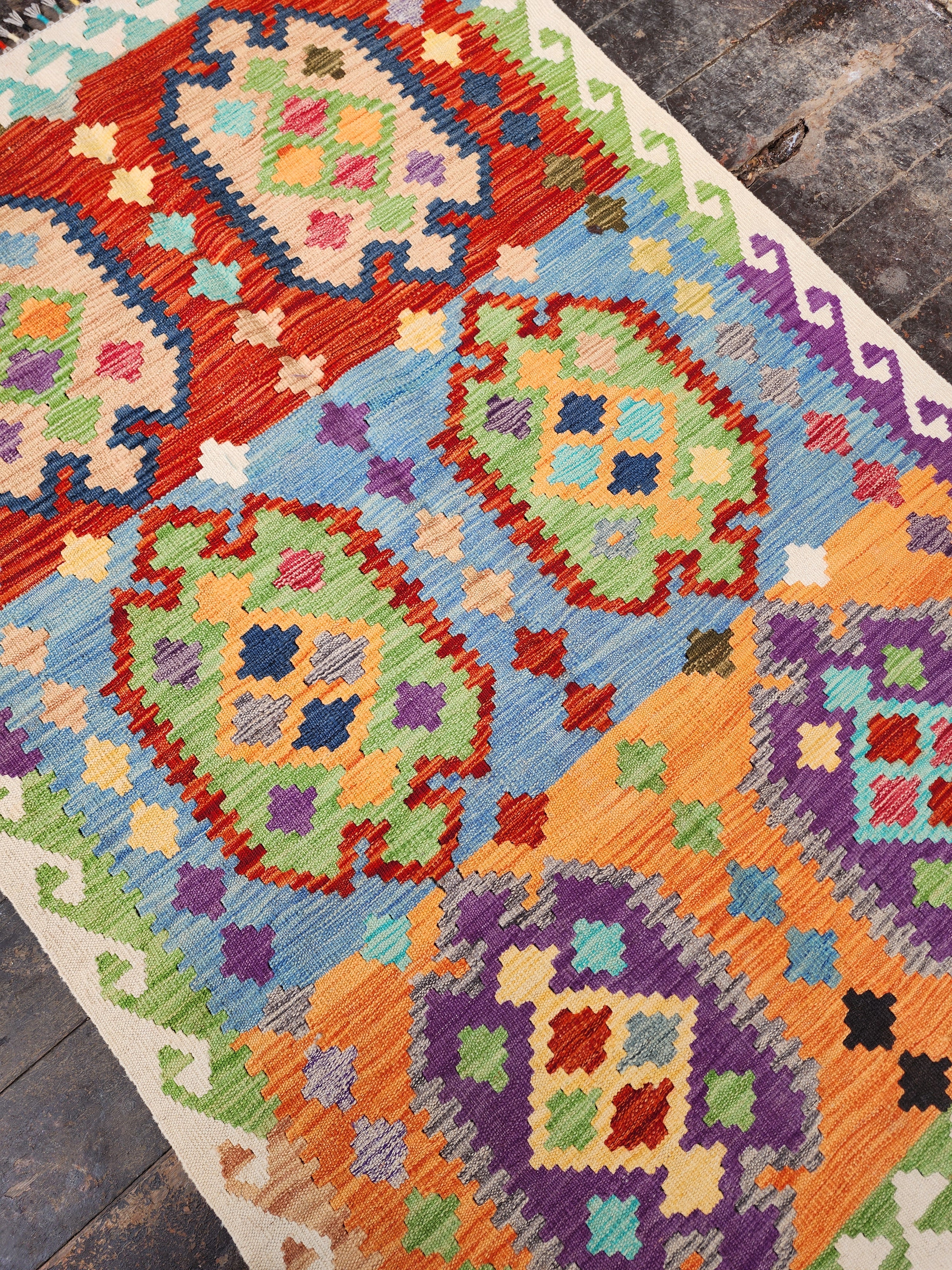 Afghan Kilim Rug, 3'8''x5'7'' Orange Blue and Red Kilim Rug, Turkish Southwest Aztec Boho Rustic Handmade Natural Wool Persian Rug