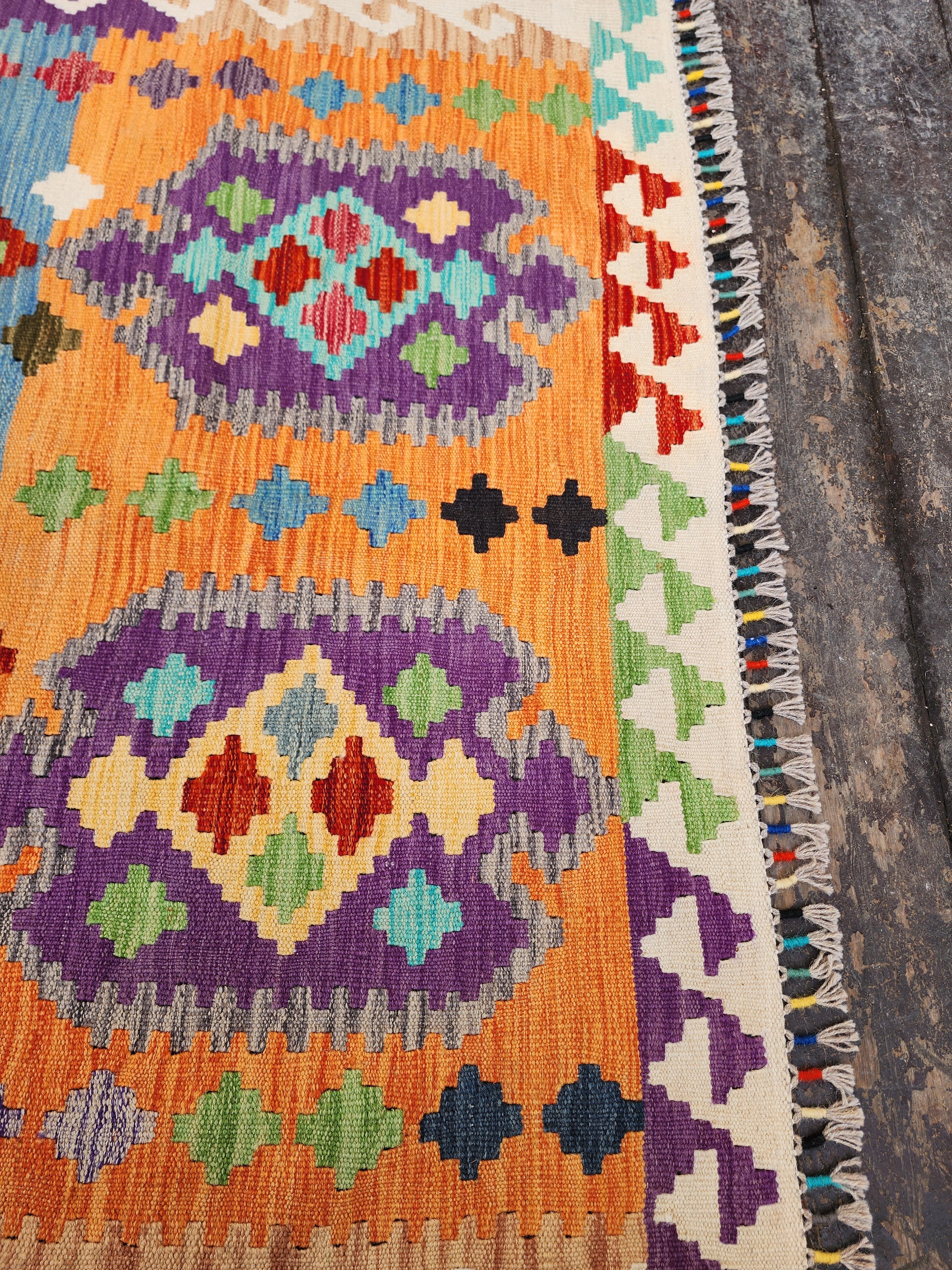 Afghan Kilim Rug, 3'8''x5'7'' Orange Blue and Red Kilim Rug, Turkish Southwest Aztec Boho Rustic Handmade Natural Wool Persian Rug