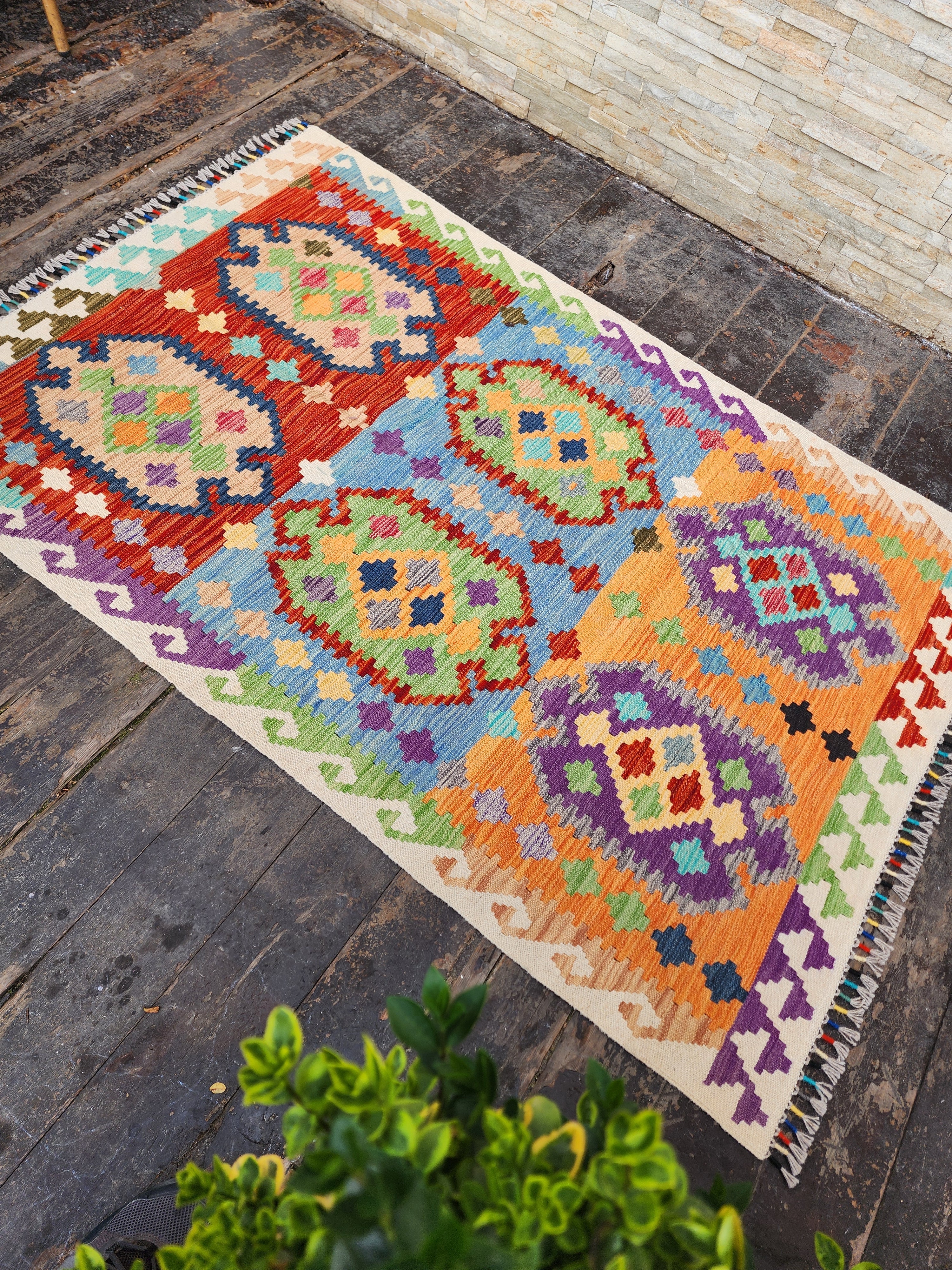 Afghan Kilim Rug, 3'8''x5'7'' Orange Blue and Red Kilim Rug, Turkish Southwest Aztec Boho Rustic Handmade Natural Wool Persian Rug