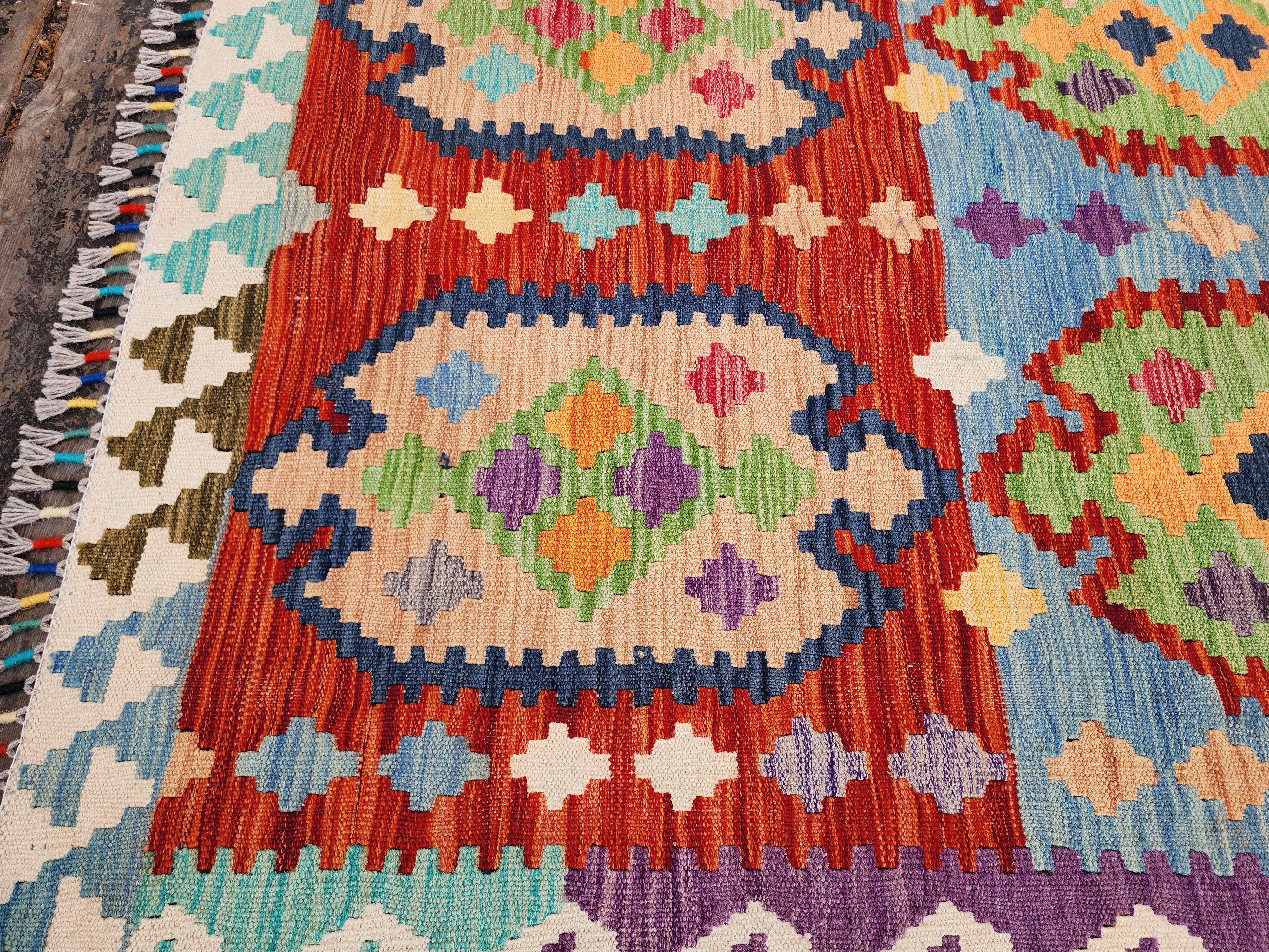 Afghan Kilim Rug, 3'8''x5'7'' Orange Blue and Red Kilim Rug, Turkish Southwest Aztec Boho Rustic Handmade Natural Wool Persian Rug