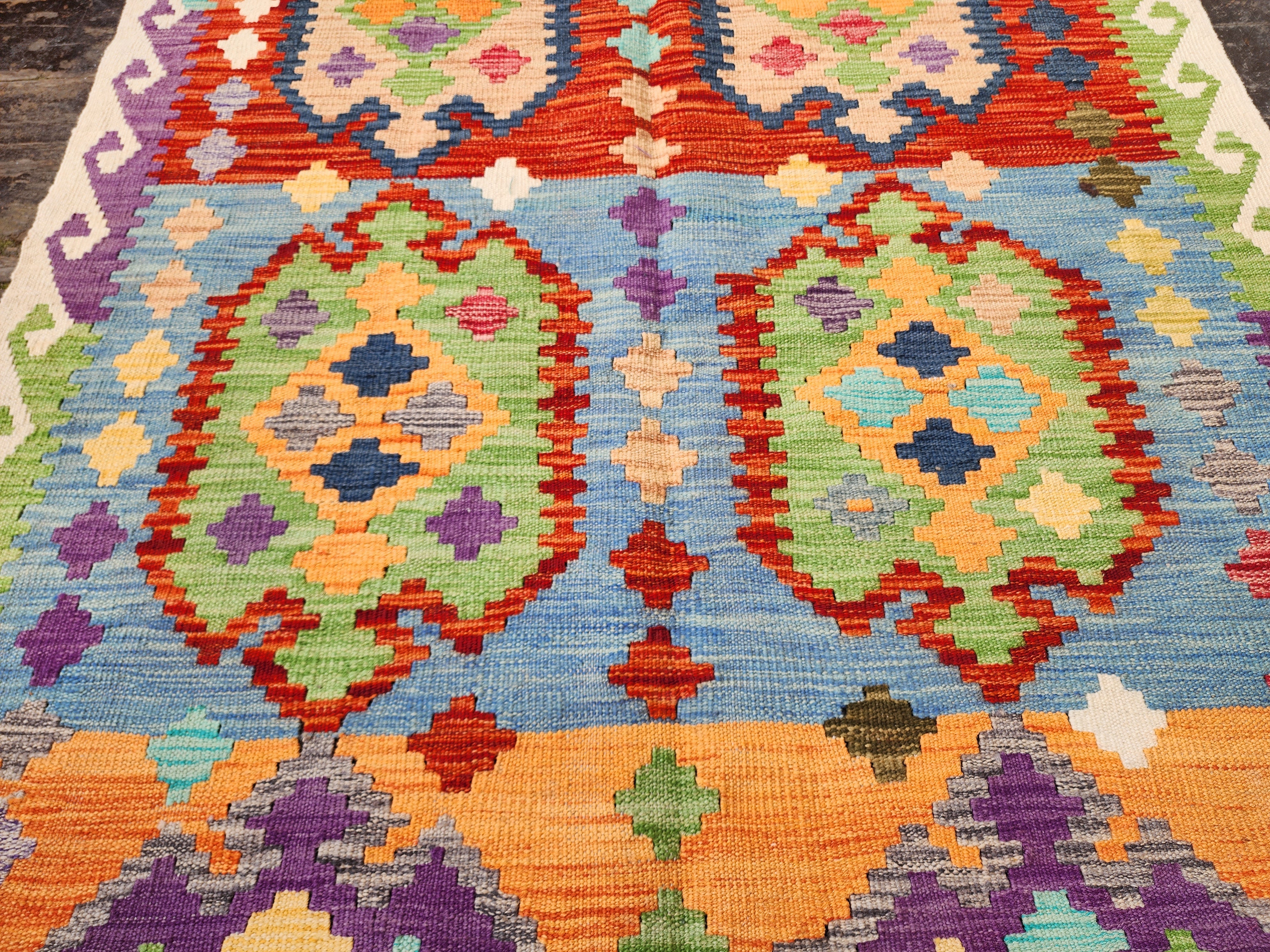 Afghan Kilim Rug, 3'8''x5'7'' Orange Blue and Red Kilim Rug, Turkish Southwest Aztec Boho Rustic Handmade Natural Wool Persian Rug