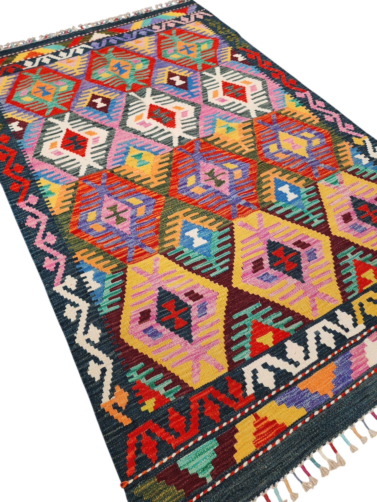 Afghan Kilim Rug, 3'9''x6'4'' Red Orange, Purple Kilim Rug, Turkish Southwest Aztec Boho Rustic Handmade Natural Wool Persian Door Mat Rug