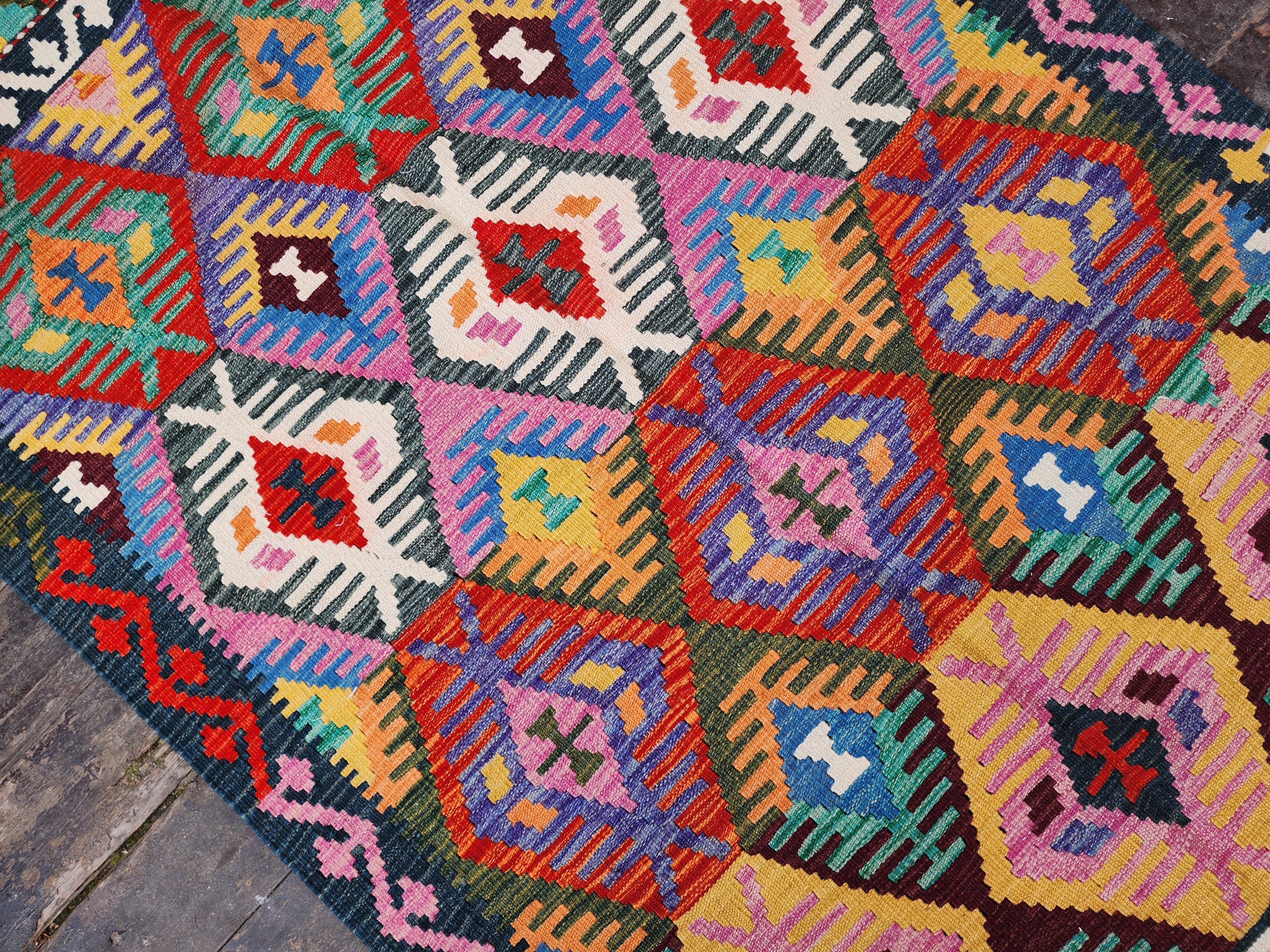 Afghan Kilim Rug, 3'9''x6'4'' Red Orange, Purple Kilim Rug, Turkish Southwest Aztec Boho Rustic Handmade Natural Wool Persian Door Mat Rug