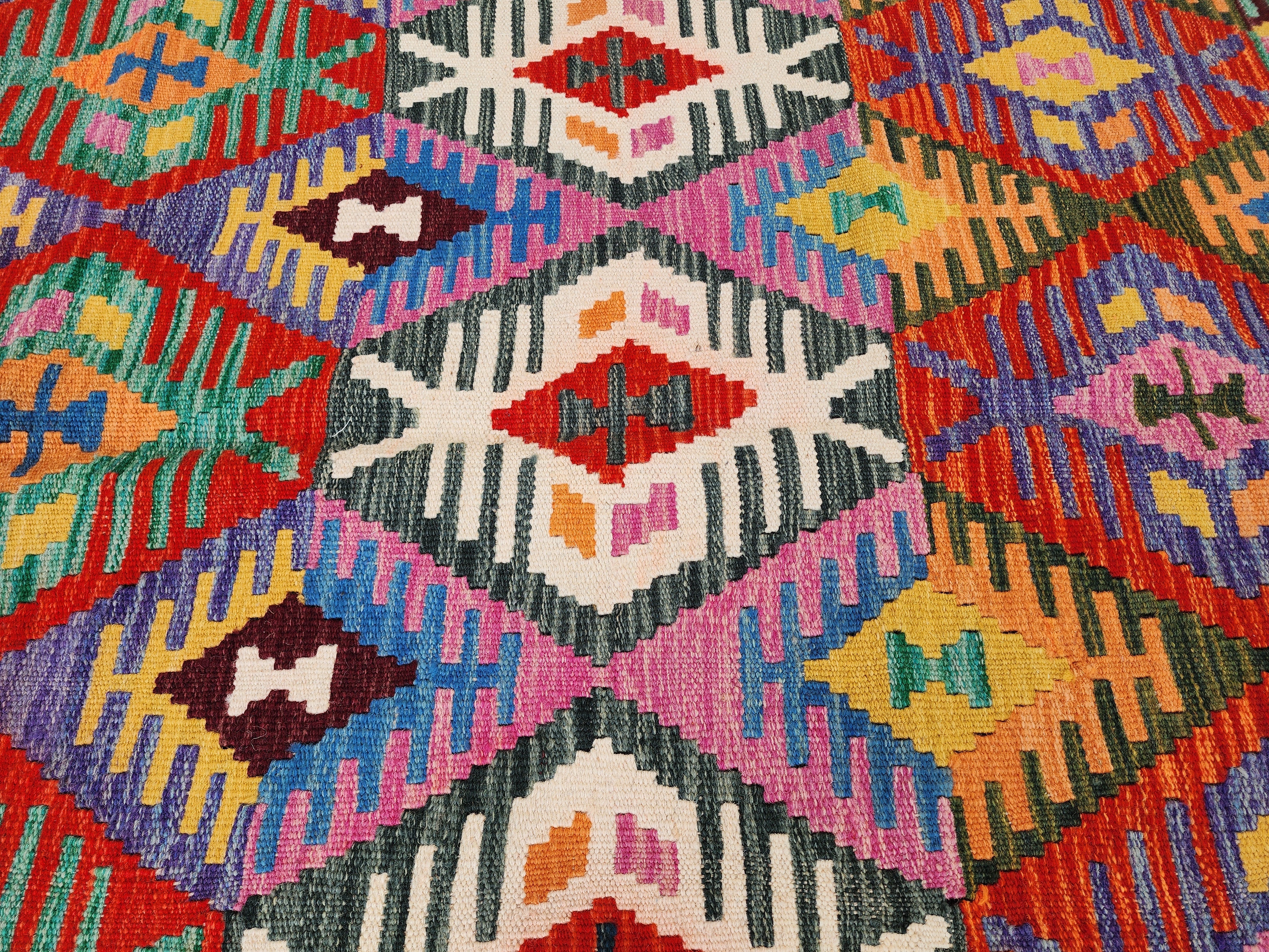 Afghan Kilim Rug, 3'9''x6'4'' Red Orange, Purple Kilim Rug, Turkish Southwest Aztec Boho Rustic Handmade Natural Wool Persian Door Mat Rug