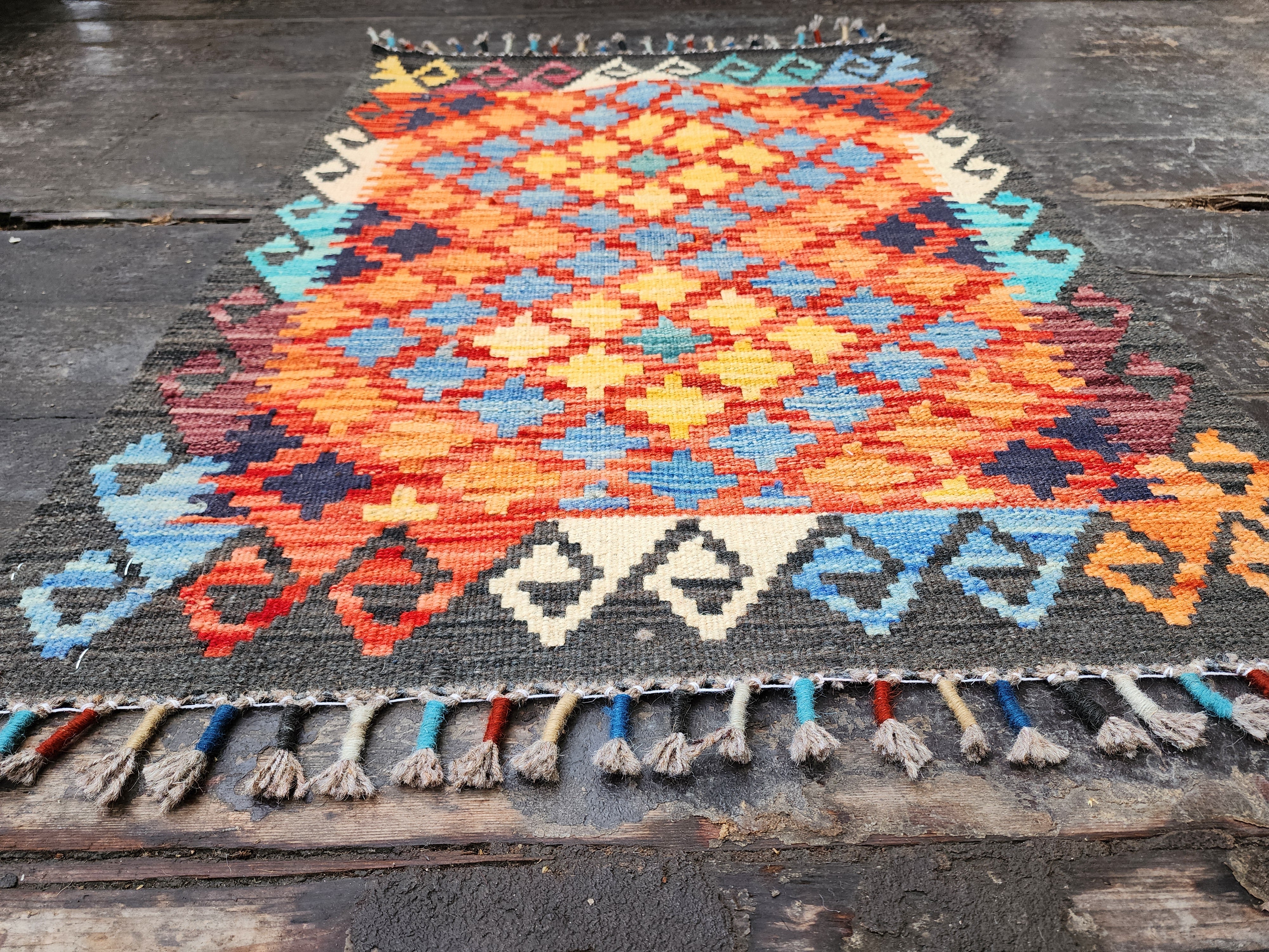 Small Afghan Maimana Kilim Rug 3 x 2 ft Multicolor Turkish Southwest Aztec Boho Rustic Handmade Natural Wool Persian Door Mat Rug