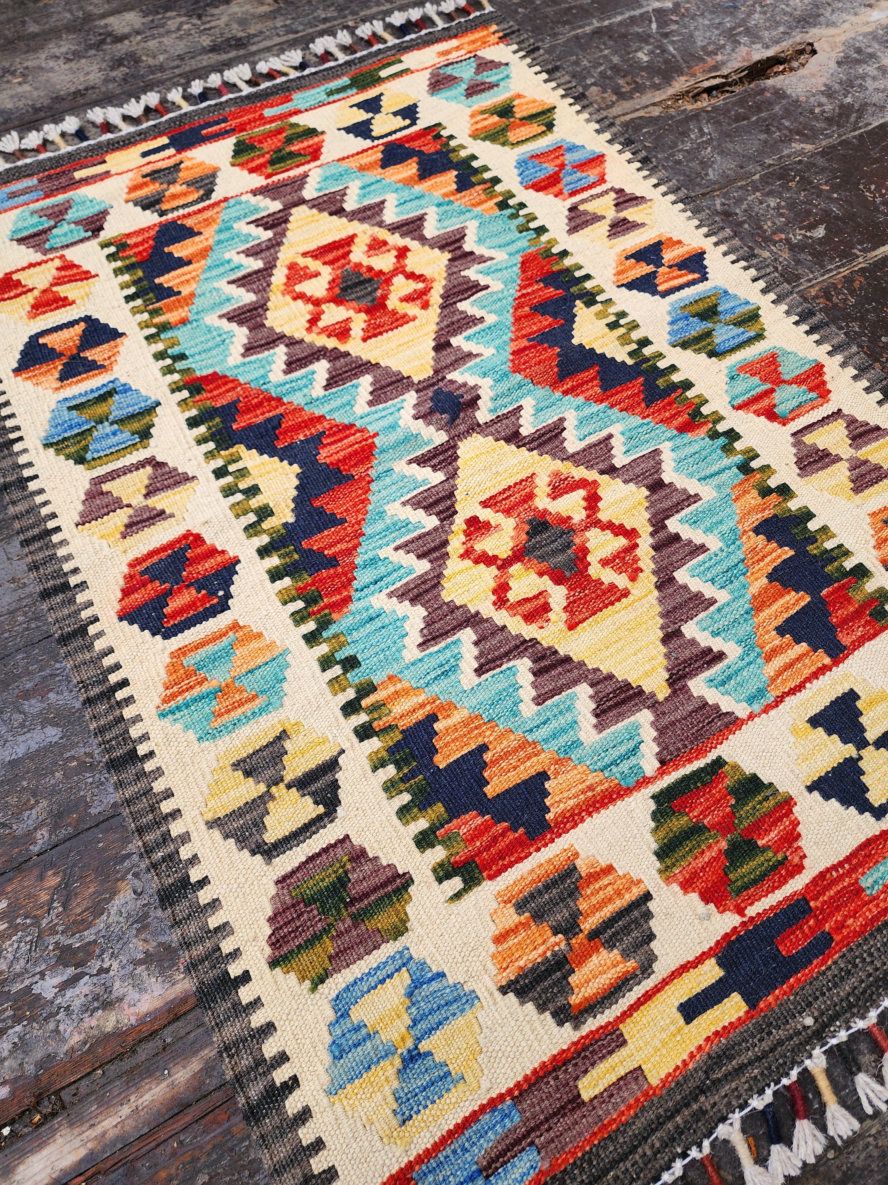 Small Afghan Maimana Kilim Rug 3 x 2 ft Multicolor Turkish Southwest Aztec Boho Rustic Handmade Natural Wool Persian Door Mat Rug