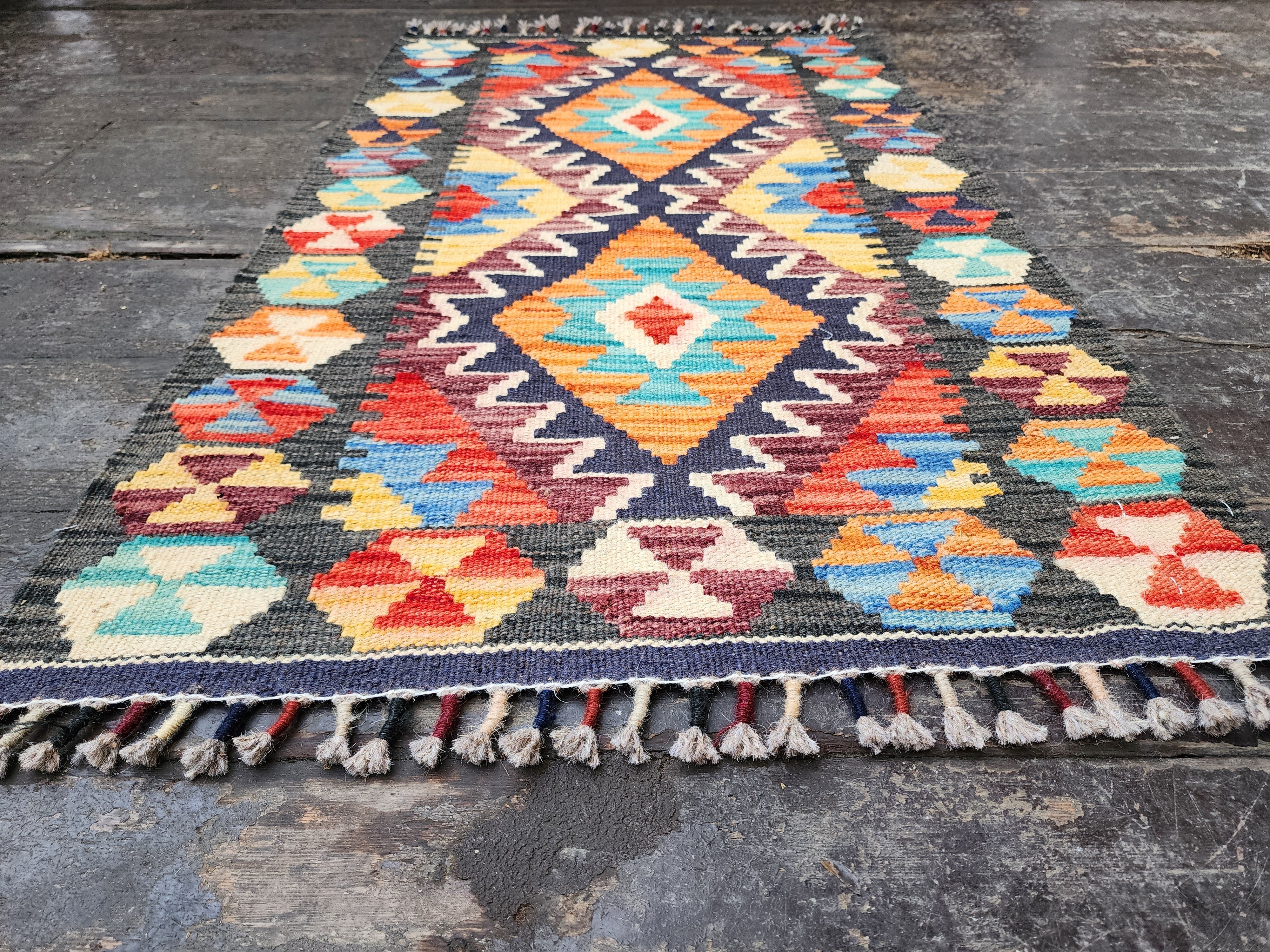 vintage Afghan Wool Small Rug — border pattern