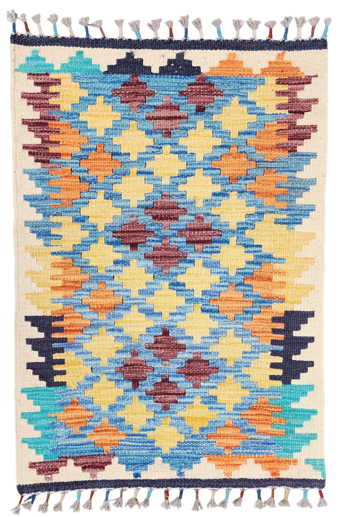 Kilim Rug, 2x3 Blue Orange, Yellow Turkish Carpet Moroccan Rug, Boho Rustic Recycle Living Room Floor Rug, Woollen Persian Area Kilim Rug