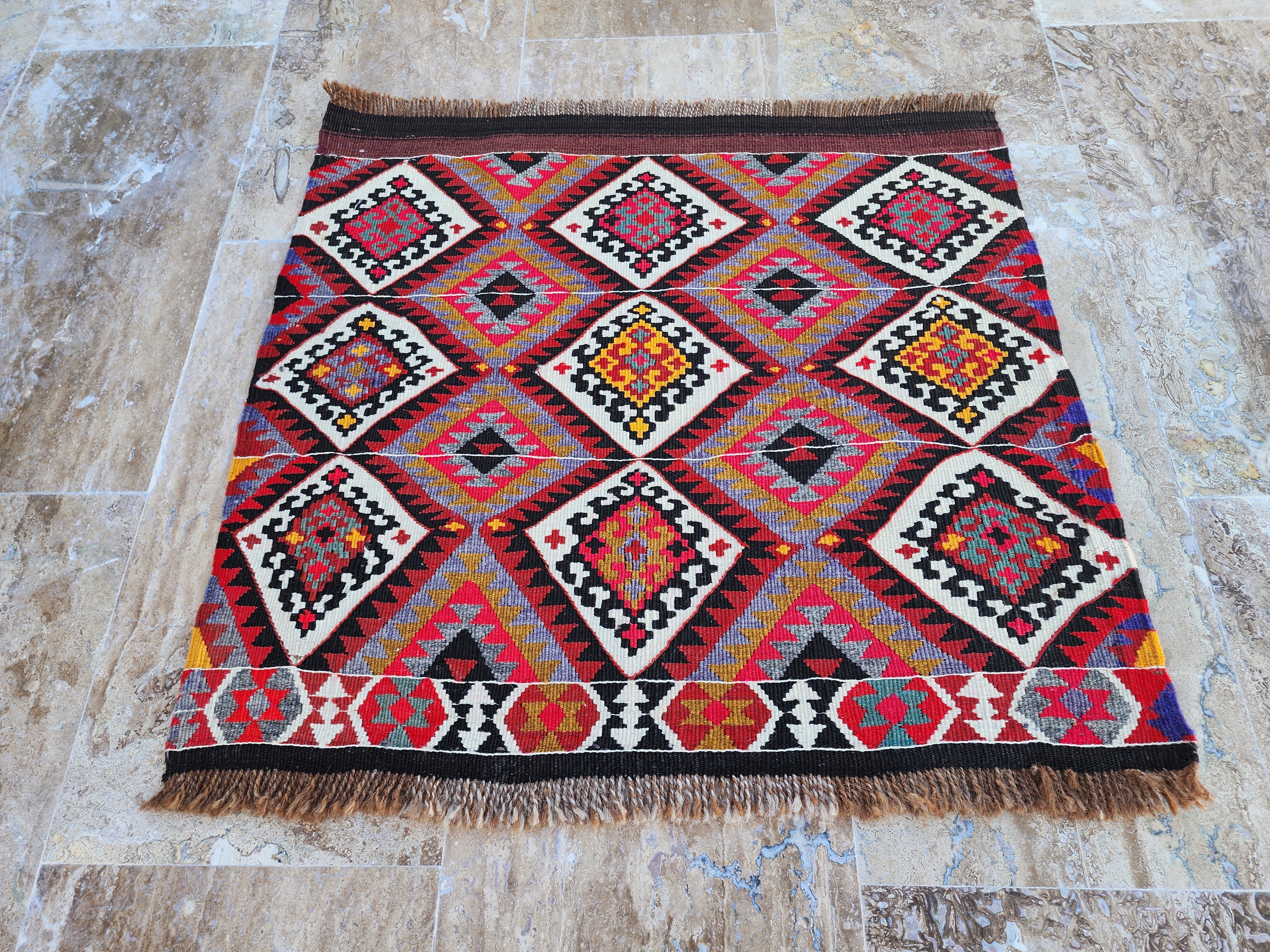 Turkish Kilim Rug 2 x 2 ft Pink Orange Blue Kilim Rug, Vintage Southwestern Aztec Handmade Wool Kilim, Antique Persian Rustic Farmhouse Rug