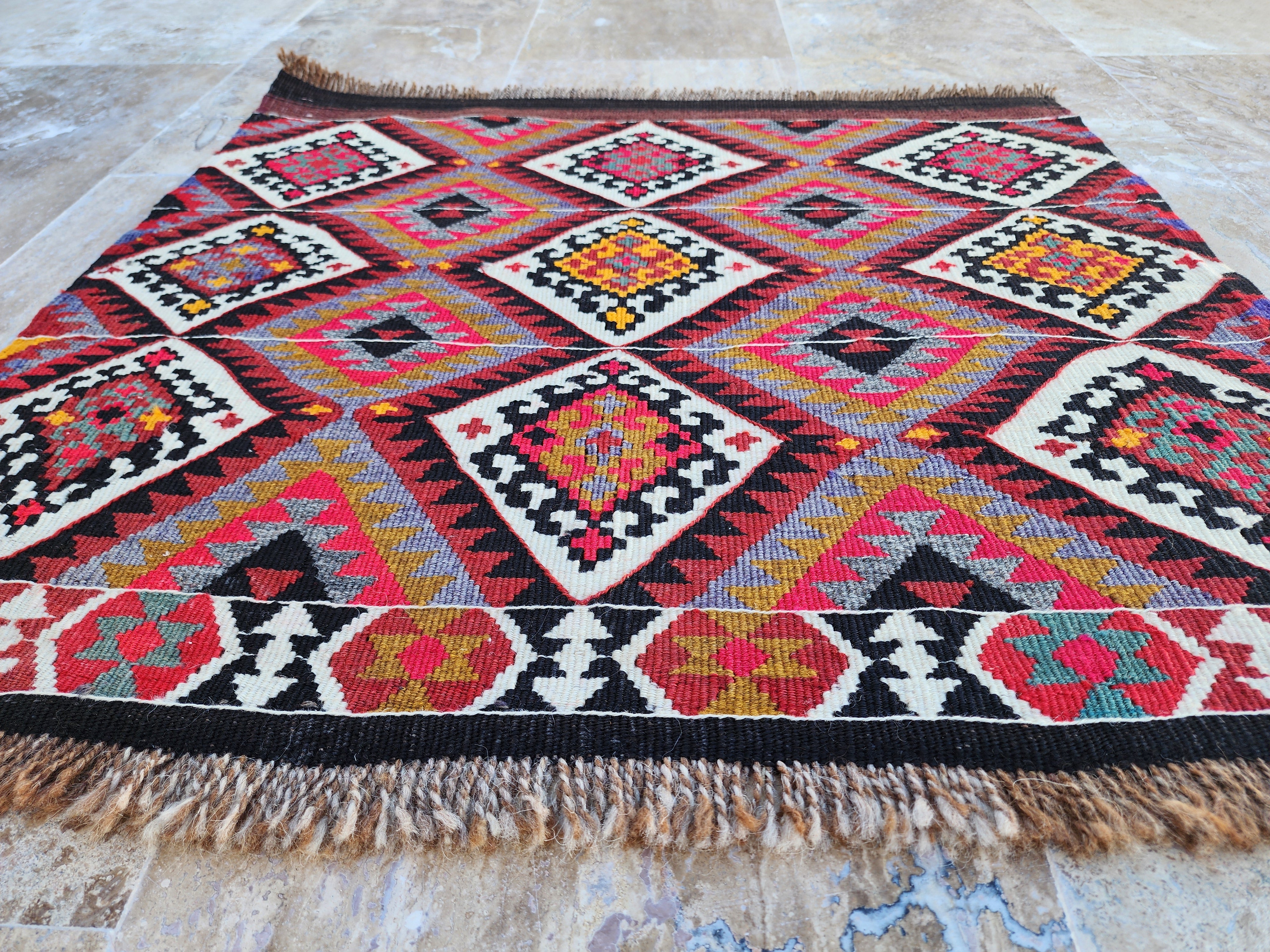 Turkish Kilim Rug 2 x 2 ft Pink Orange Blue Kilim Rug, Vintage Southwestern Aztec Handmade Wool Kilim, Antique Persian Rustic Farmhouse Rug
