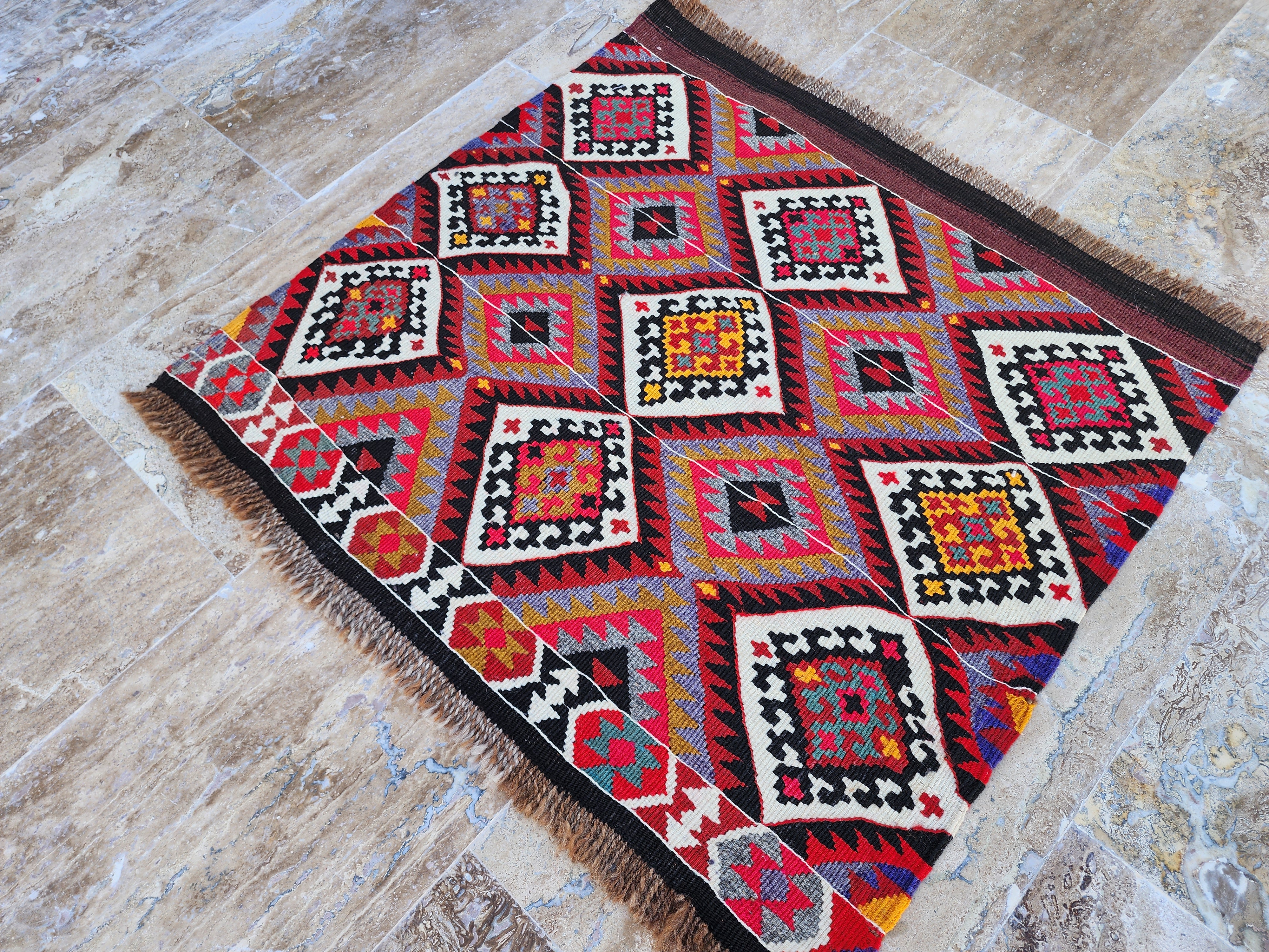 Turkish Kilim Rug 2 x 2 ft Pink Orange Blue Kilim Rug, Vintage Southwestern Aztec Handmade Wool Kilim, Antique Persian Rustic Farmhouse Rug