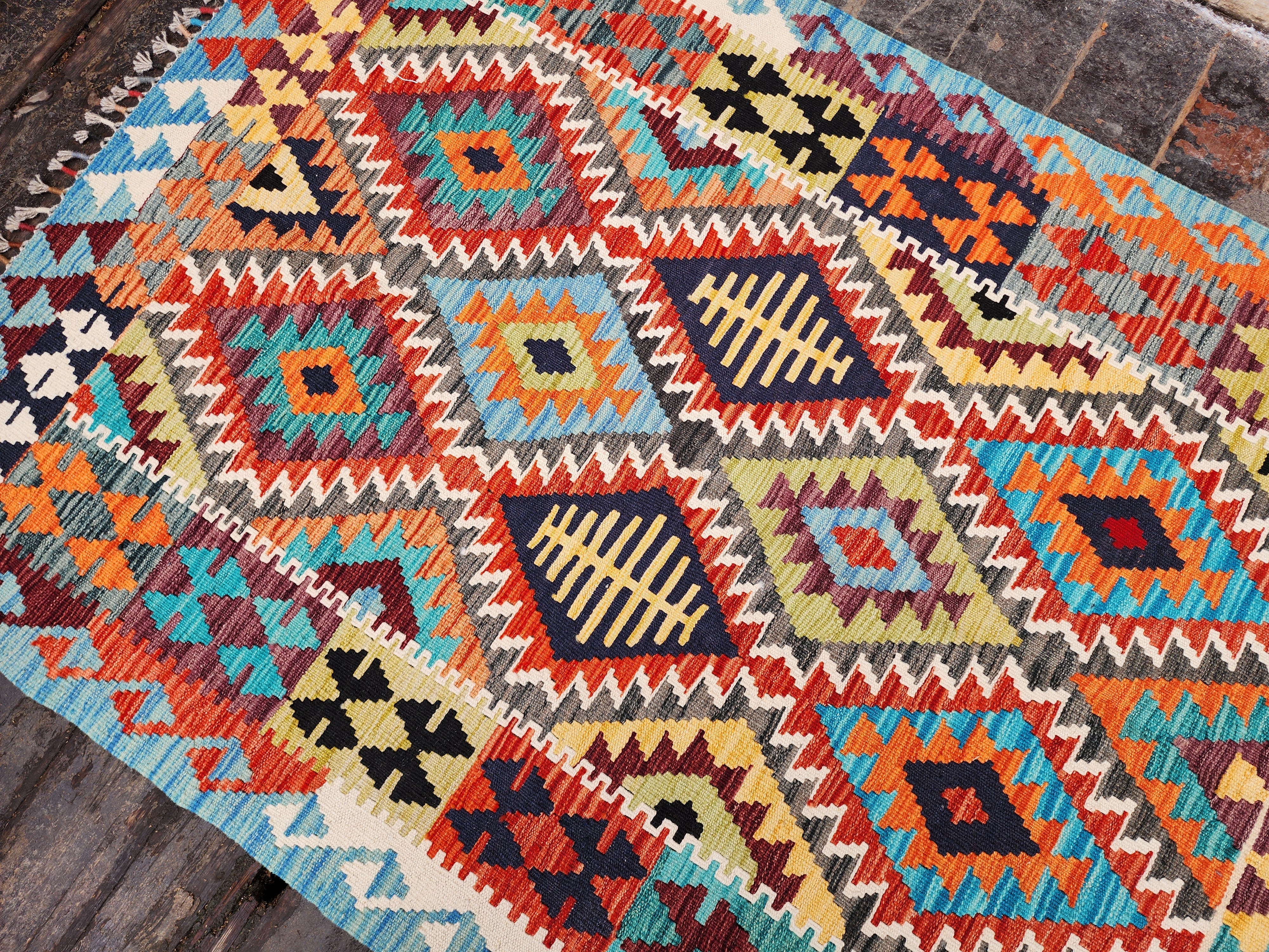 Kilim Rug, 4x6 ft Blue Red, Orange Turkish Carpet Moroccan Rug,