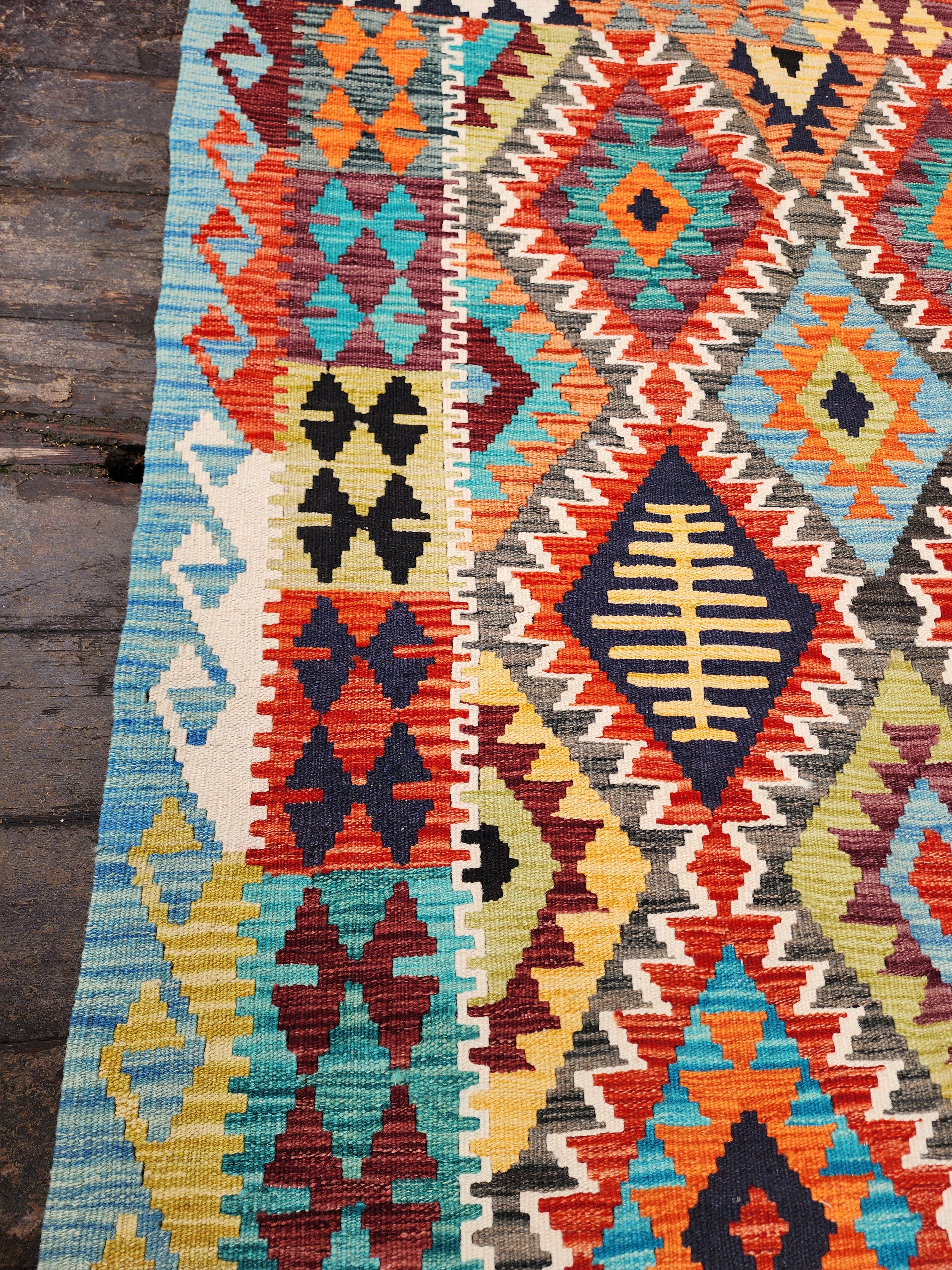 Kilim Rug, 4x6 ft Blue Red, Orange Turkish Carpet Moroccan Rug,