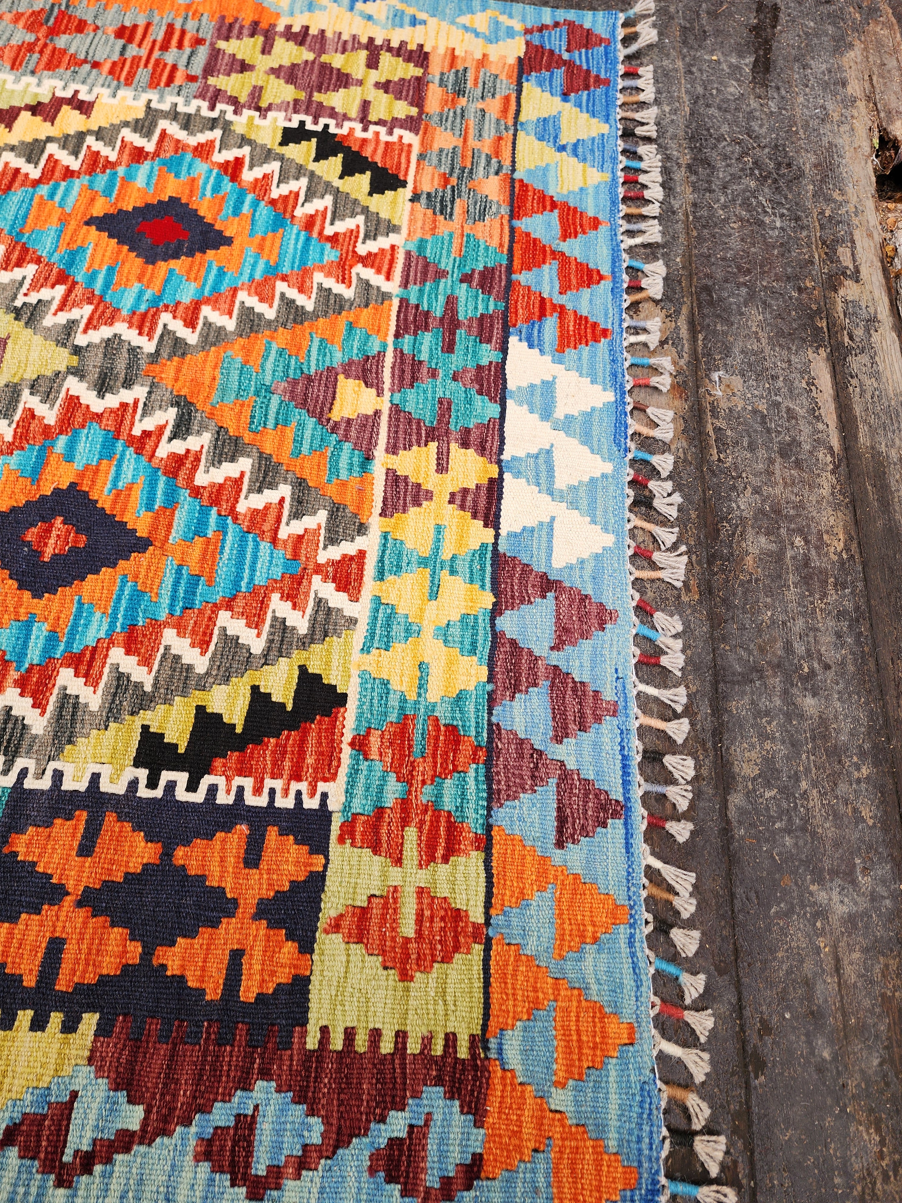 Kilim Rug, 4x6 ft Blue Red, Orange Turkish Carpet Moroccan Rug,