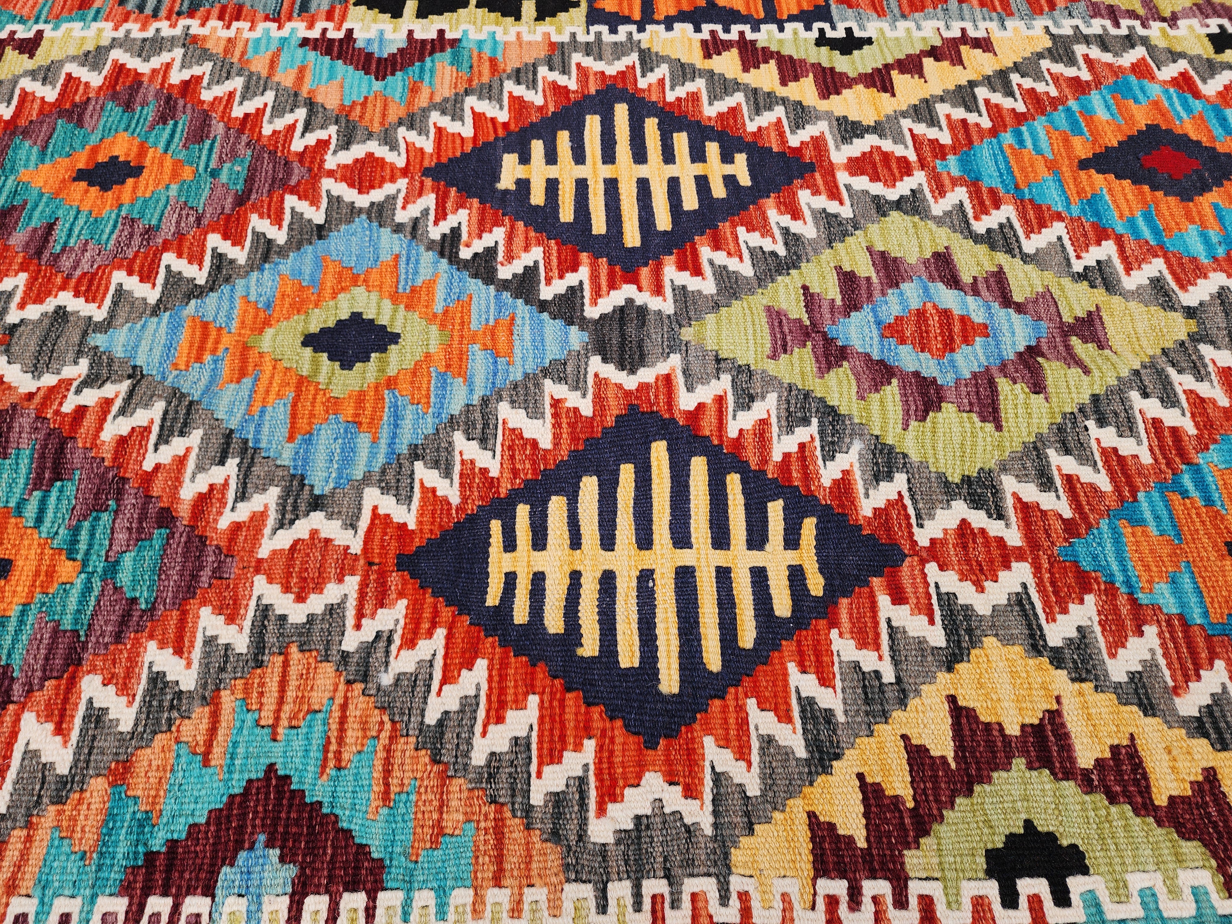 Kilim Rug, 4x6 ft Blue Red, Orange Turkish Carpet Moroccan Rug,