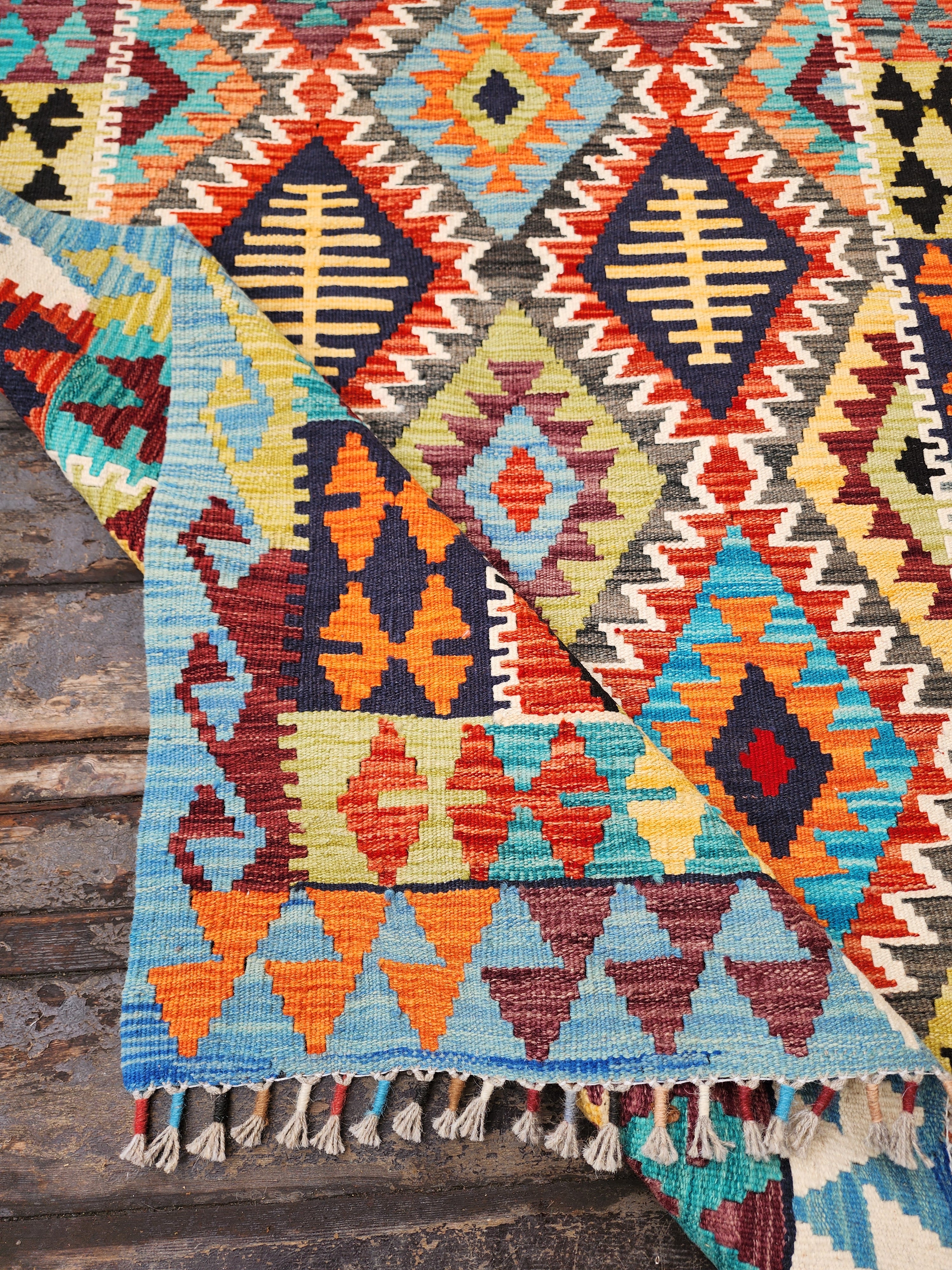 Kilim Rug, 4x6 ft Blue Red, Orange Turkish Carpet Moroccan Rug,