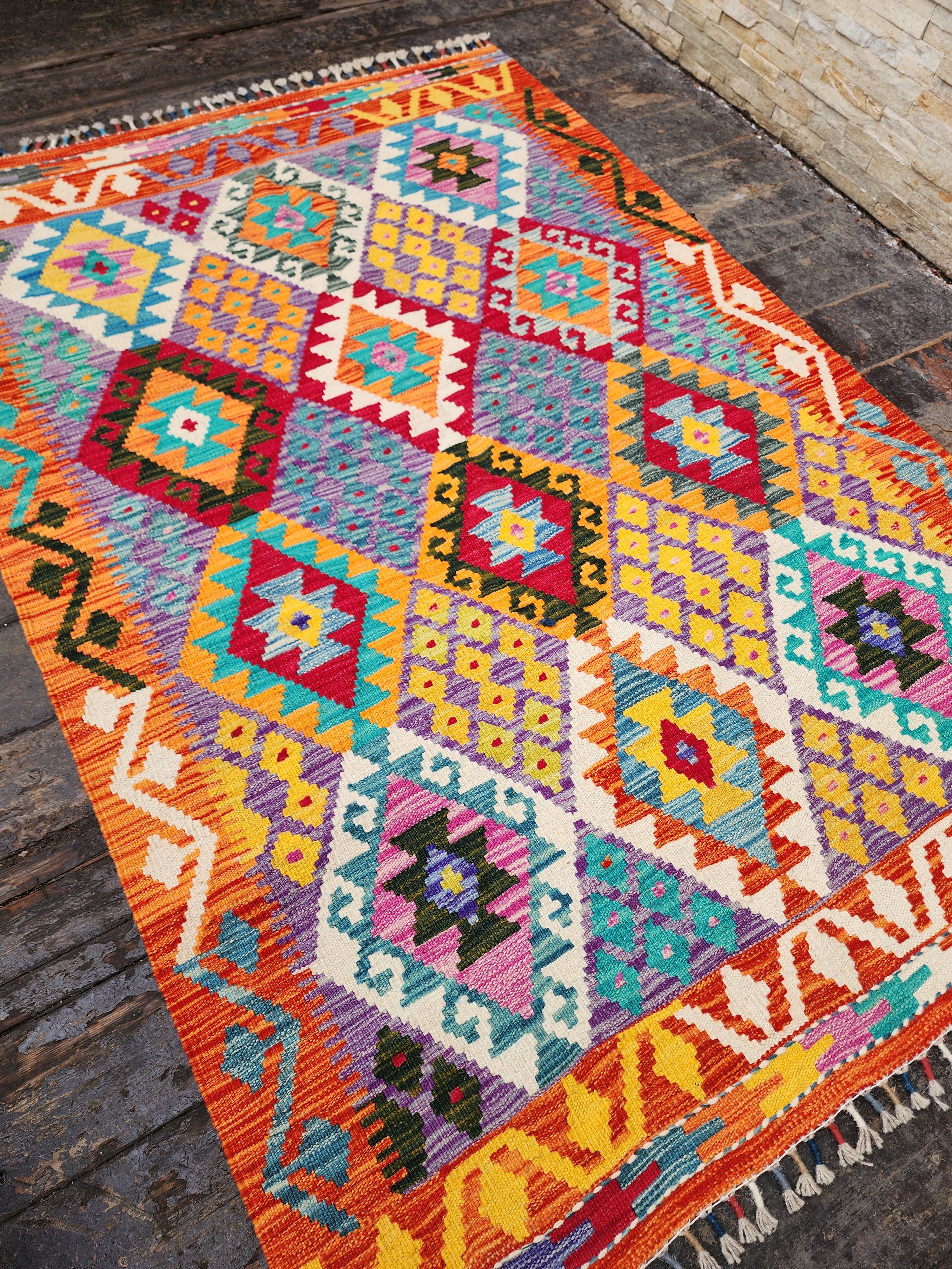Afghan Maimana Kilim Rug, 6 x 4 ft Orange Blue, Purple Turkish Southwest Aztec Boho Rustic Rug