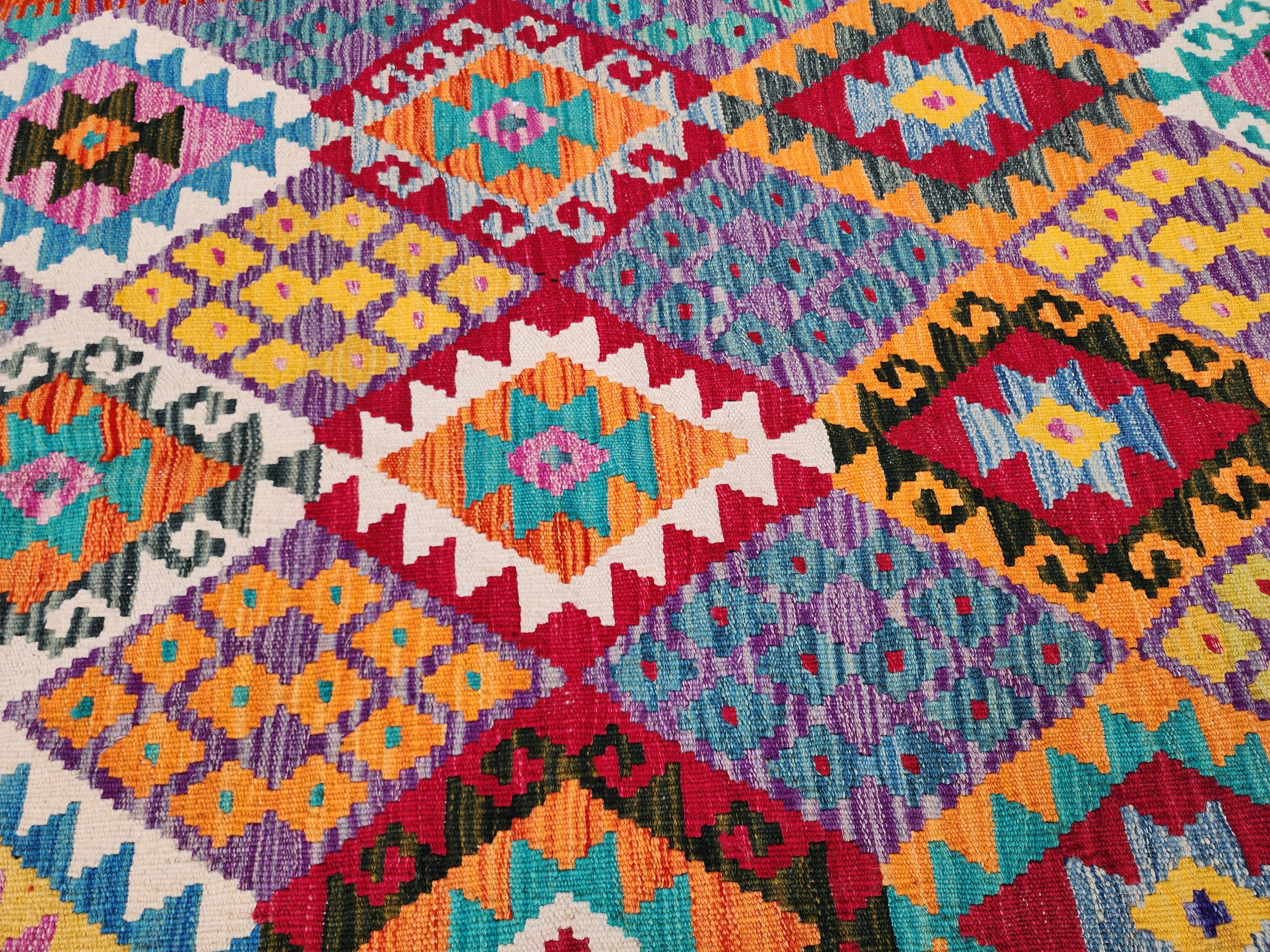 Afghan Maimana Kilim Rug, 6 x 4 ft Orange Blue, Purple Turkish Southwest Aztec Boho Rustic Rug