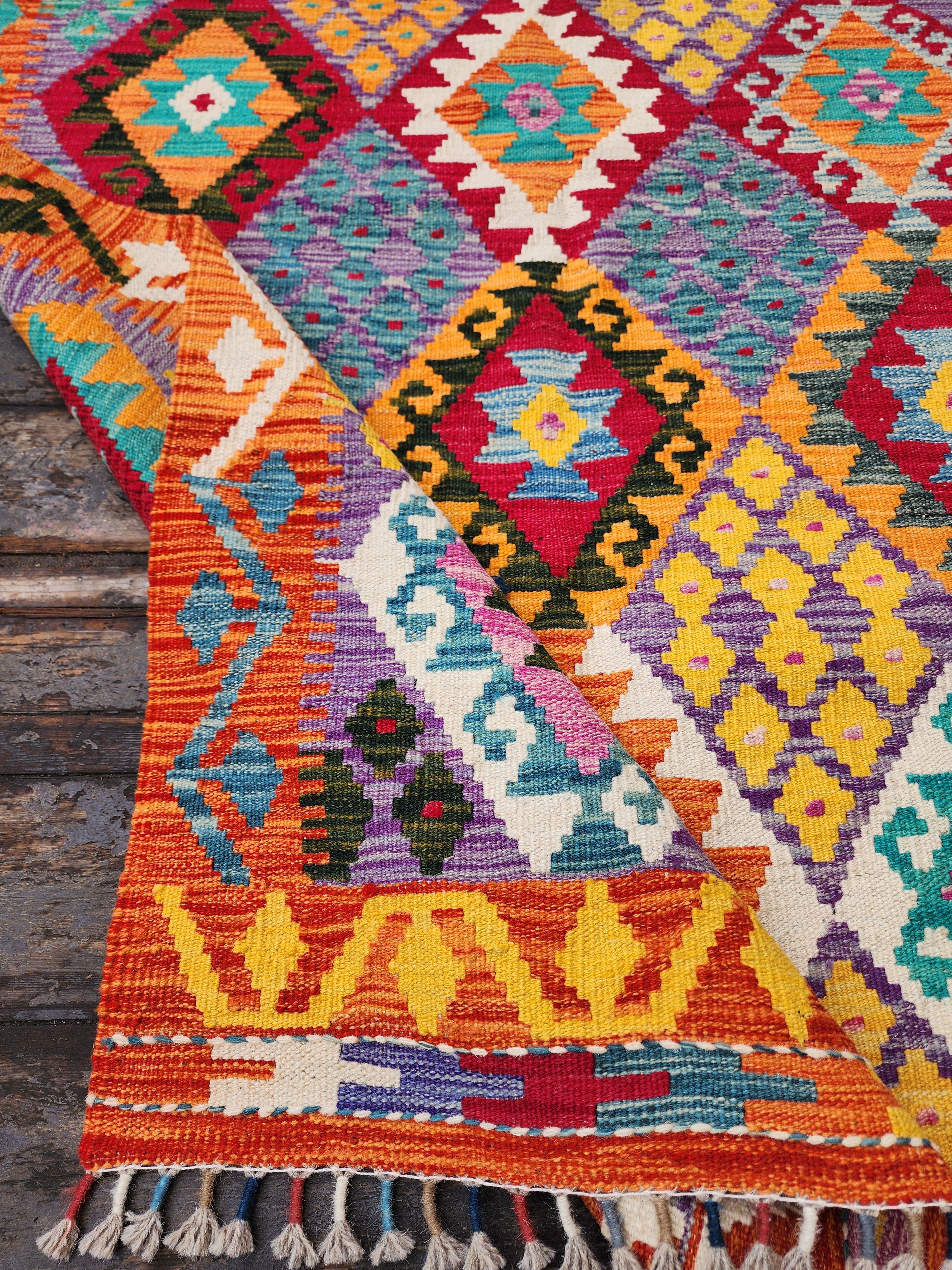 Afghan Maimana Kilim Rug, 6 x 4 ft Orange Blue, Purple Turkish Southwest Aztec Boho Rustic Rug