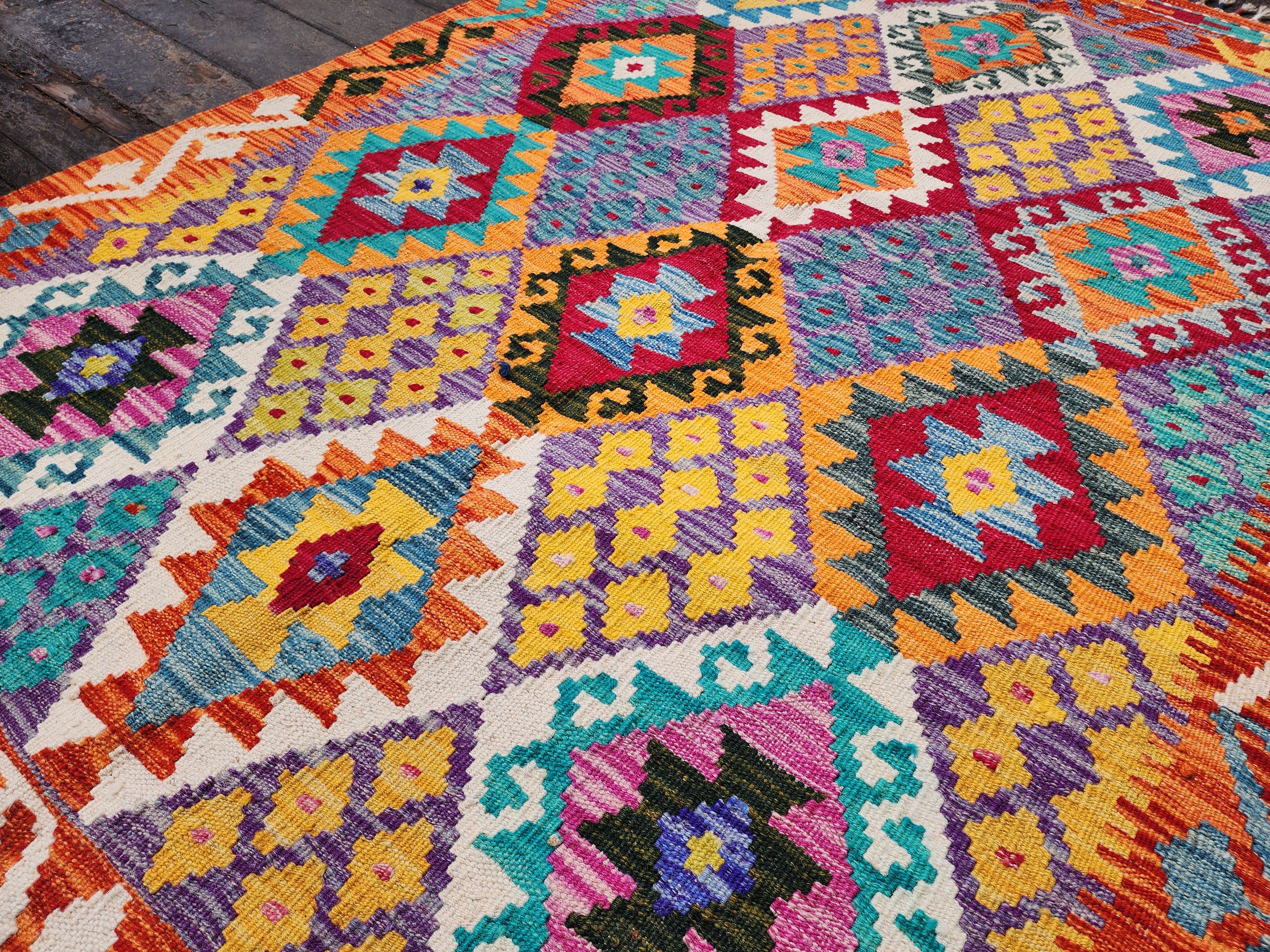 Afghan Maimana Kilim Rug, 6 x 4 ft Orange Blue, Purple Turkish Southwest Aztec Boho Rustic Rug