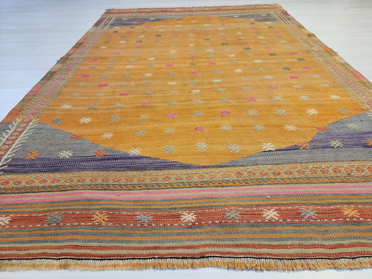 Vintage Fethiye Kilim Rug, Tahtacı Tribal Flatweave, Natural Dye Wool Area Rug