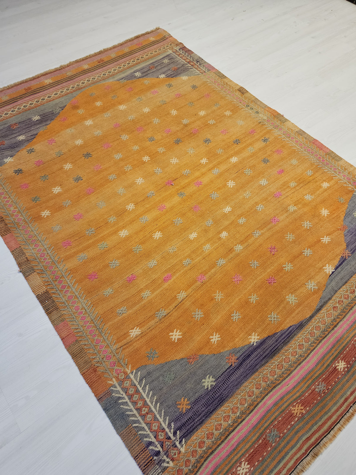 Vintage Fethiye Kilim Rug, Tahtacı Tribal Flatweave, Natural Dye Wool Area Rug