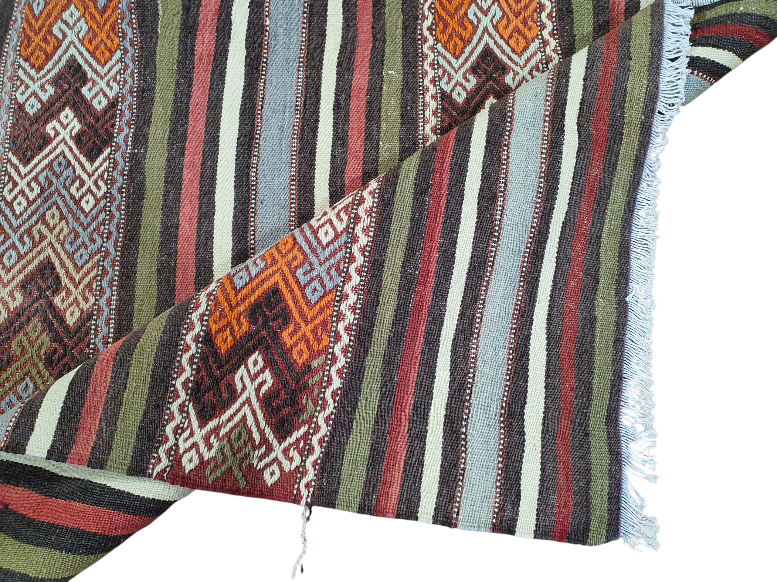 Kilim Rug, 7 ft x 5 ft 3 in Green Purple and Orange Striped Rug for Living Room or Kitchen Handmade from Natural Wool