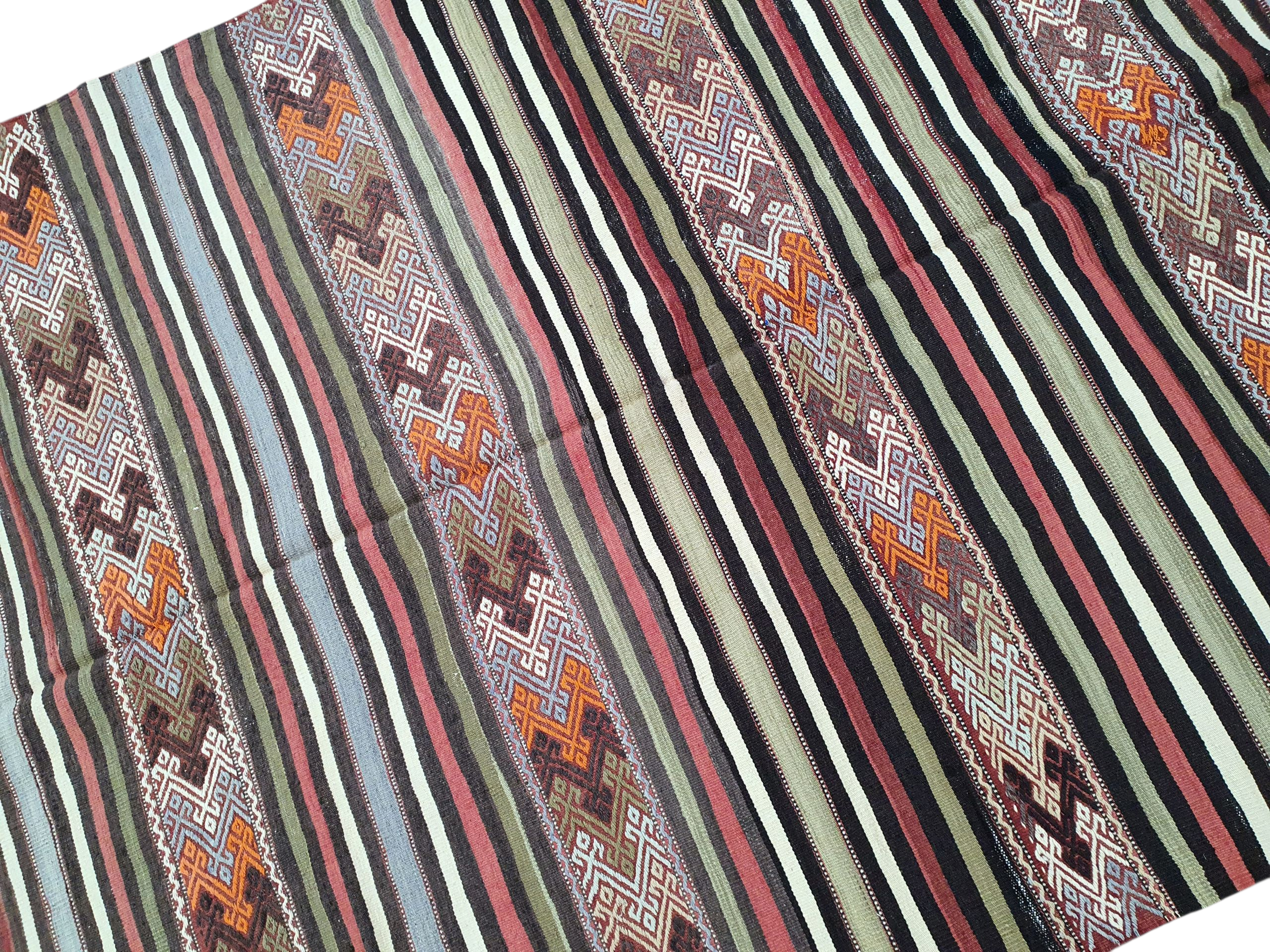Kilim Rug, 7 ft x 5 ft 3 in Green Purple and Orange Striped Rug for Living Room or Kitchen Handmade from Natural Wool