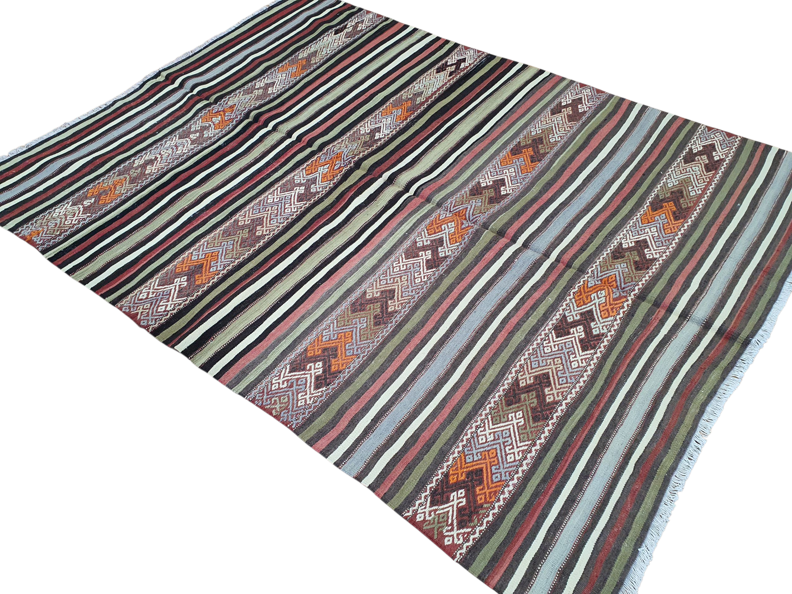 Kilim Rug, 7 ft x 5 ft 3 in Green Purple and Orange Striped Rug for Living Room or Kitchen Handmade from Natural Wool