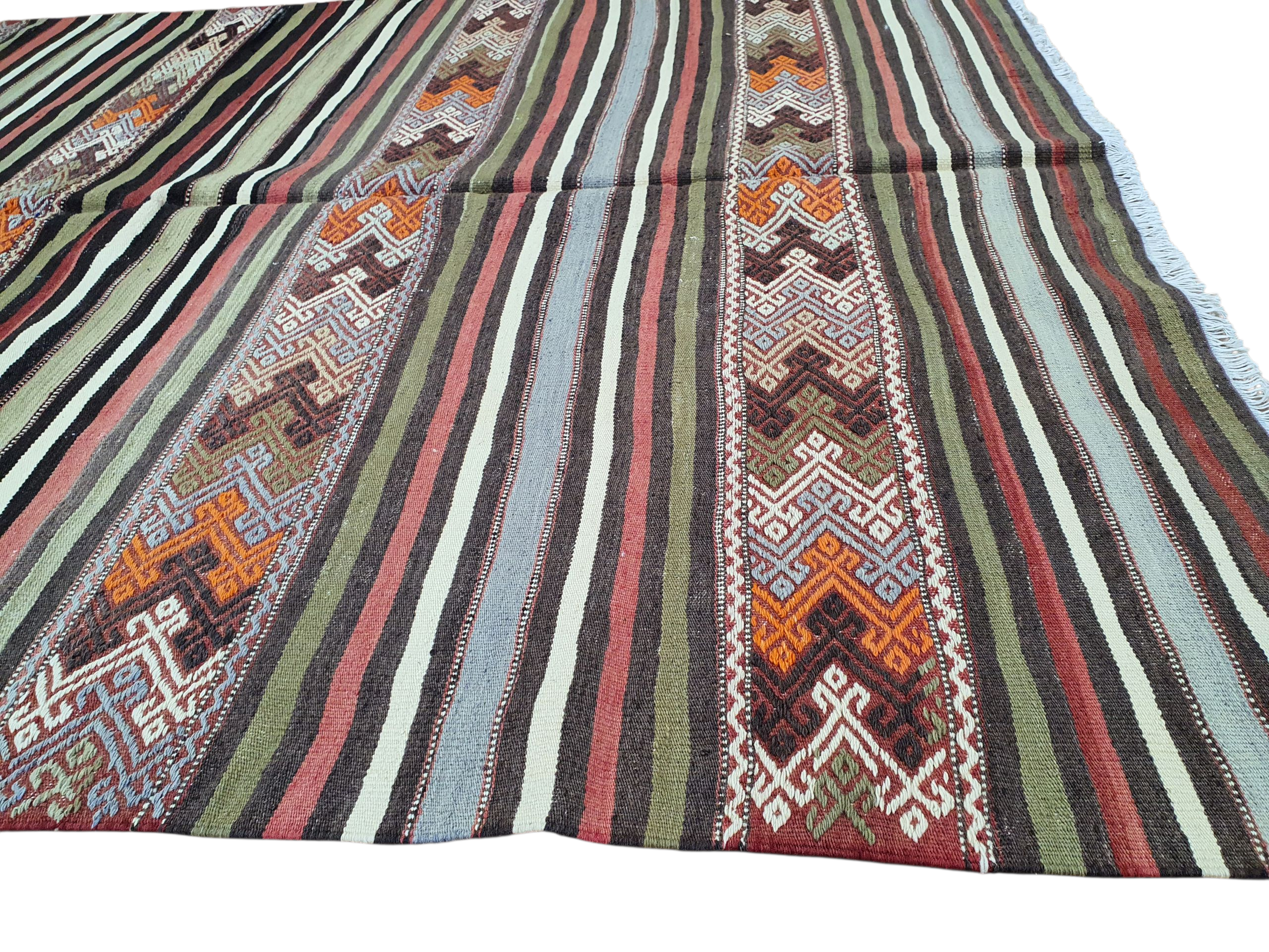 Kilim Rug, 7 ft x 5 ft 3 in Green Purple and Orange Striped Rug for Living Room or Kitchen Handmade from Natural Wool