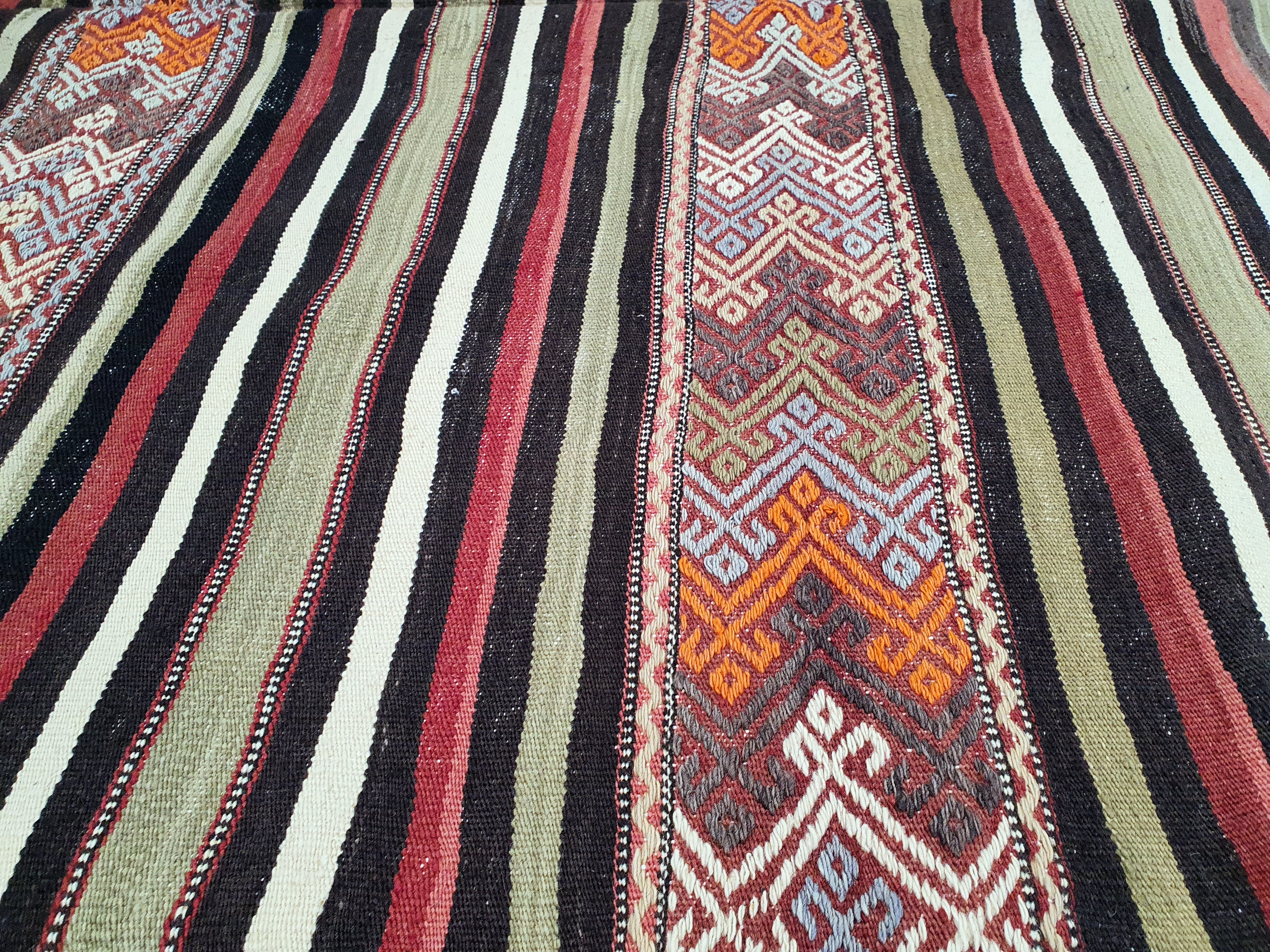 Kilim Rug, 7 ft x 5 ft 3 in Green Purple and Orange Striped Rug for Living Room or Kitchen Handmade from Natural Wool