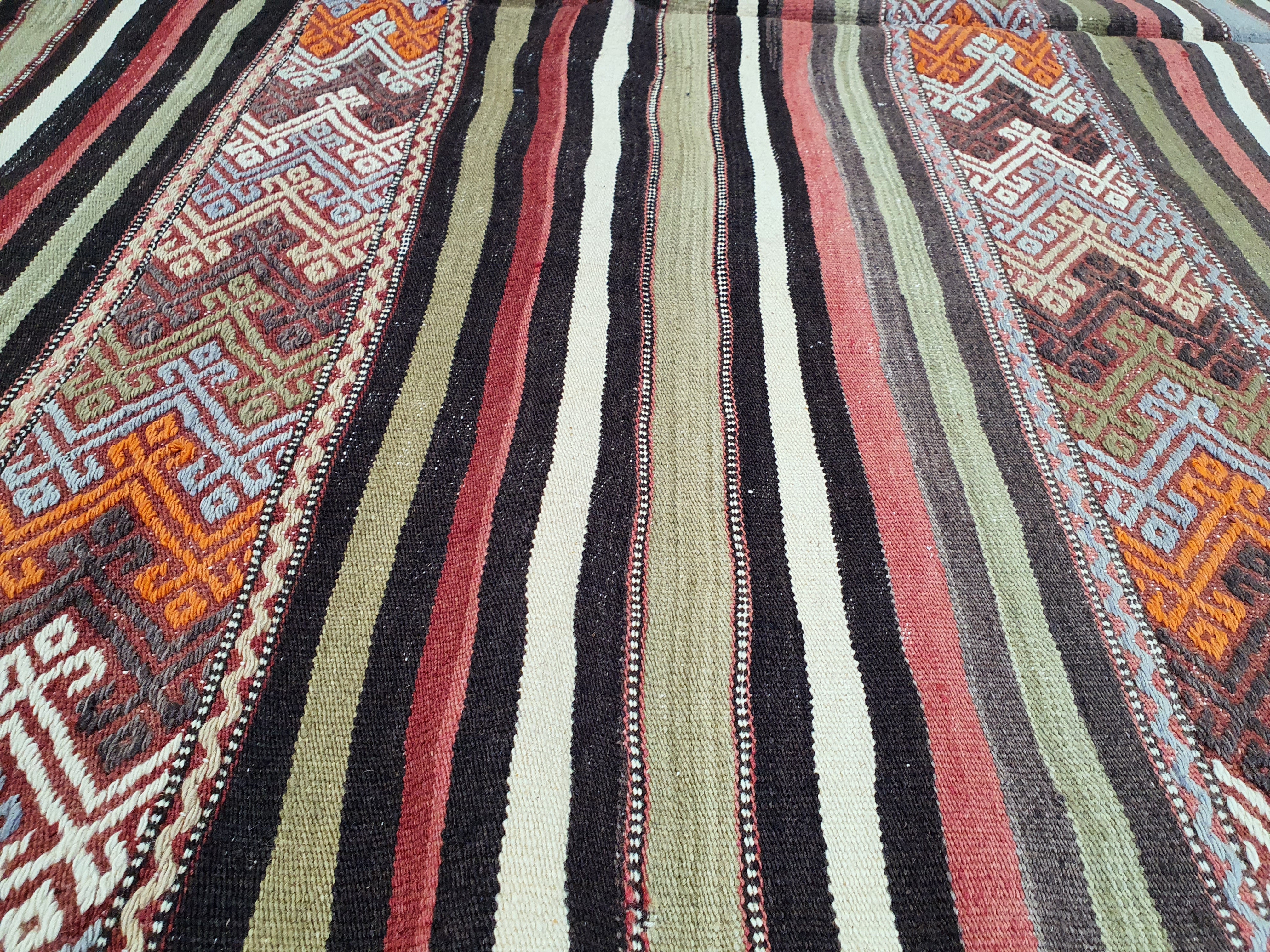 Kilim Rug, 7 ft x 5 ft 3 in Green Purple and Orange Striped Rug for Living Room or Kitchen Handmade from Natural Wool