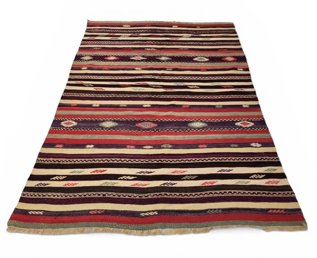 Pasiphae — Vintage Handmade Kilim Rug: Organic Wool, Striped Geometric Design (7x5)