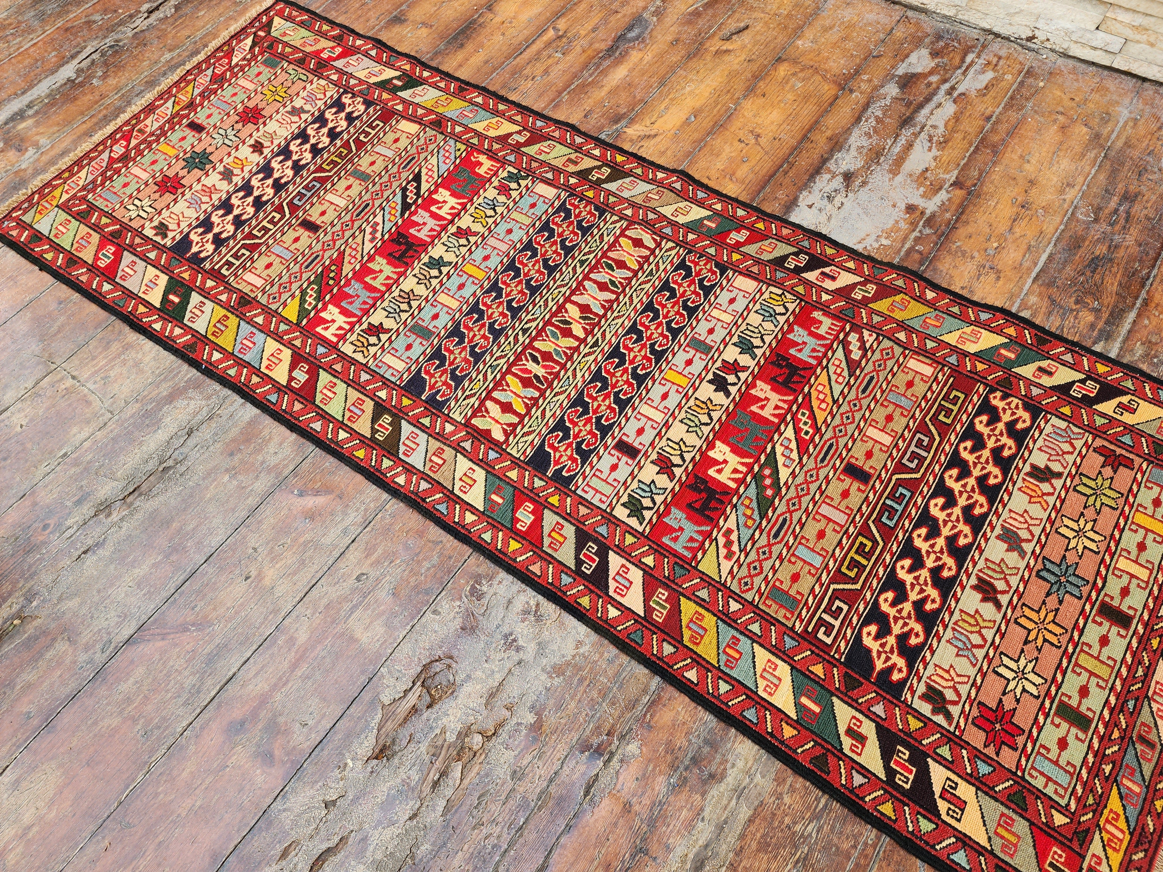 vintage Soumak Wool Runner Rug — back view