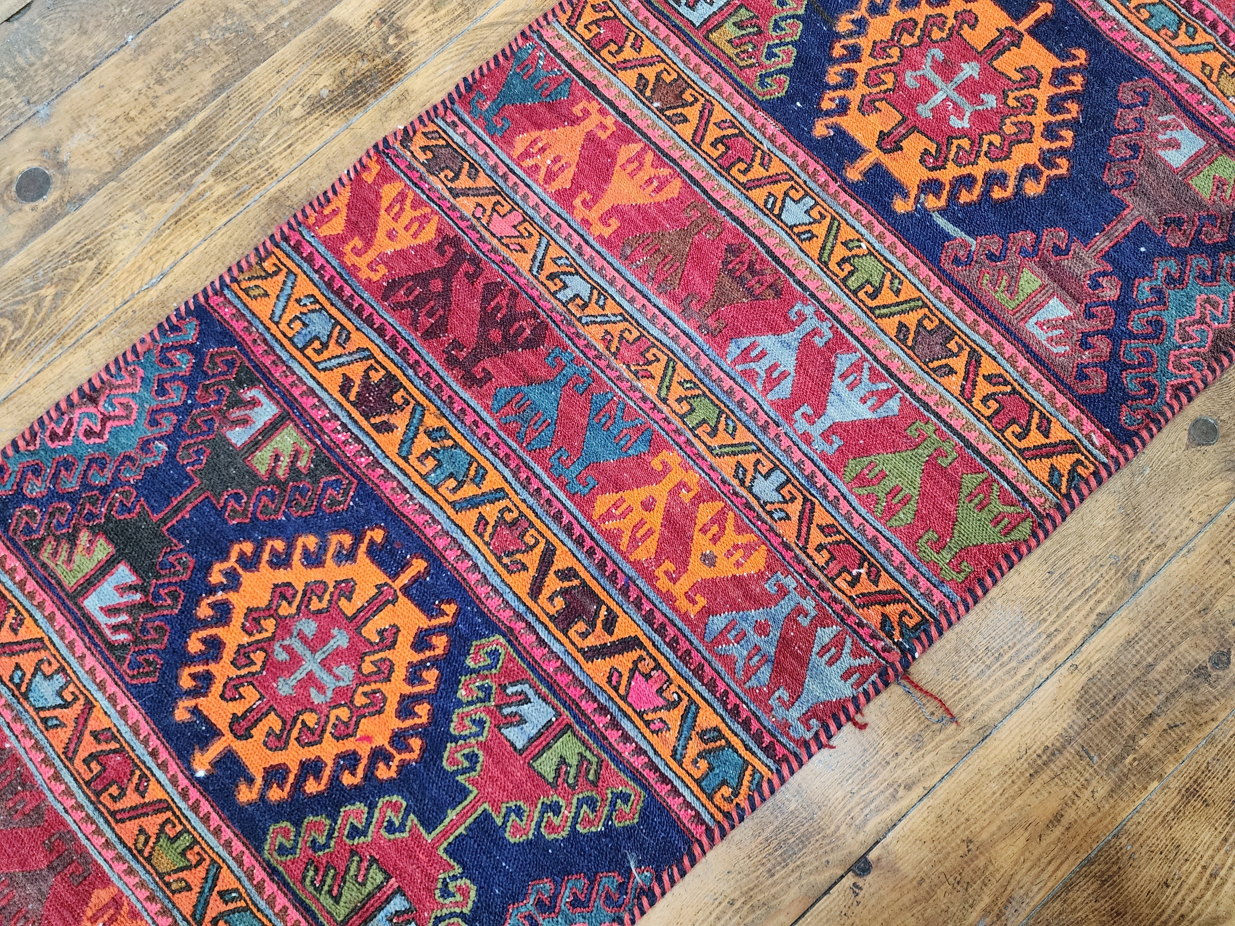 Sarummae — Handmade Vintage Wool Tribal Runner Rug, Red Blue Turkish Boho Carpet