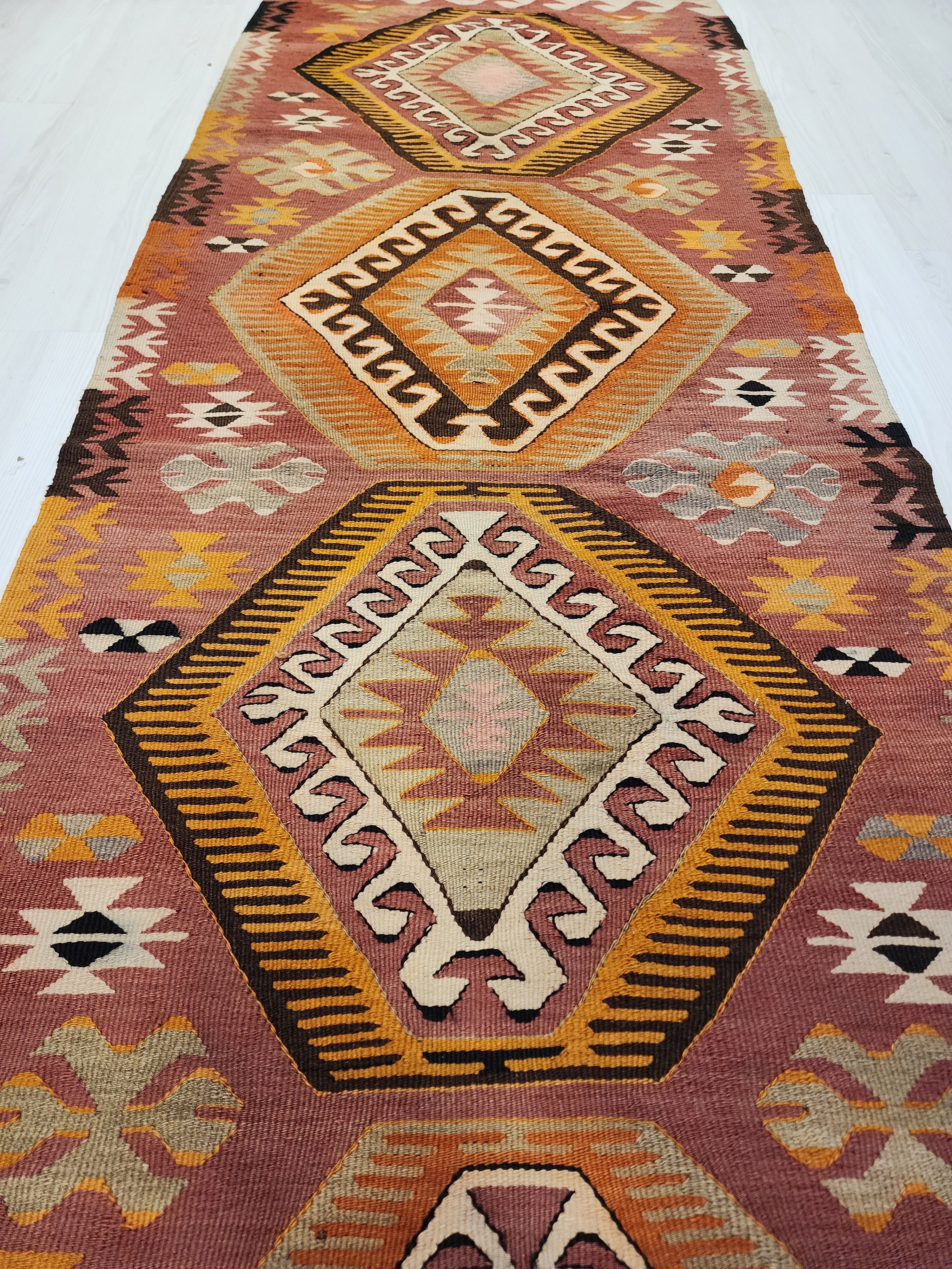 Handwoven Turkish Kilim Runner: Boho Tribal Rug, 8'5" x 2'10"
