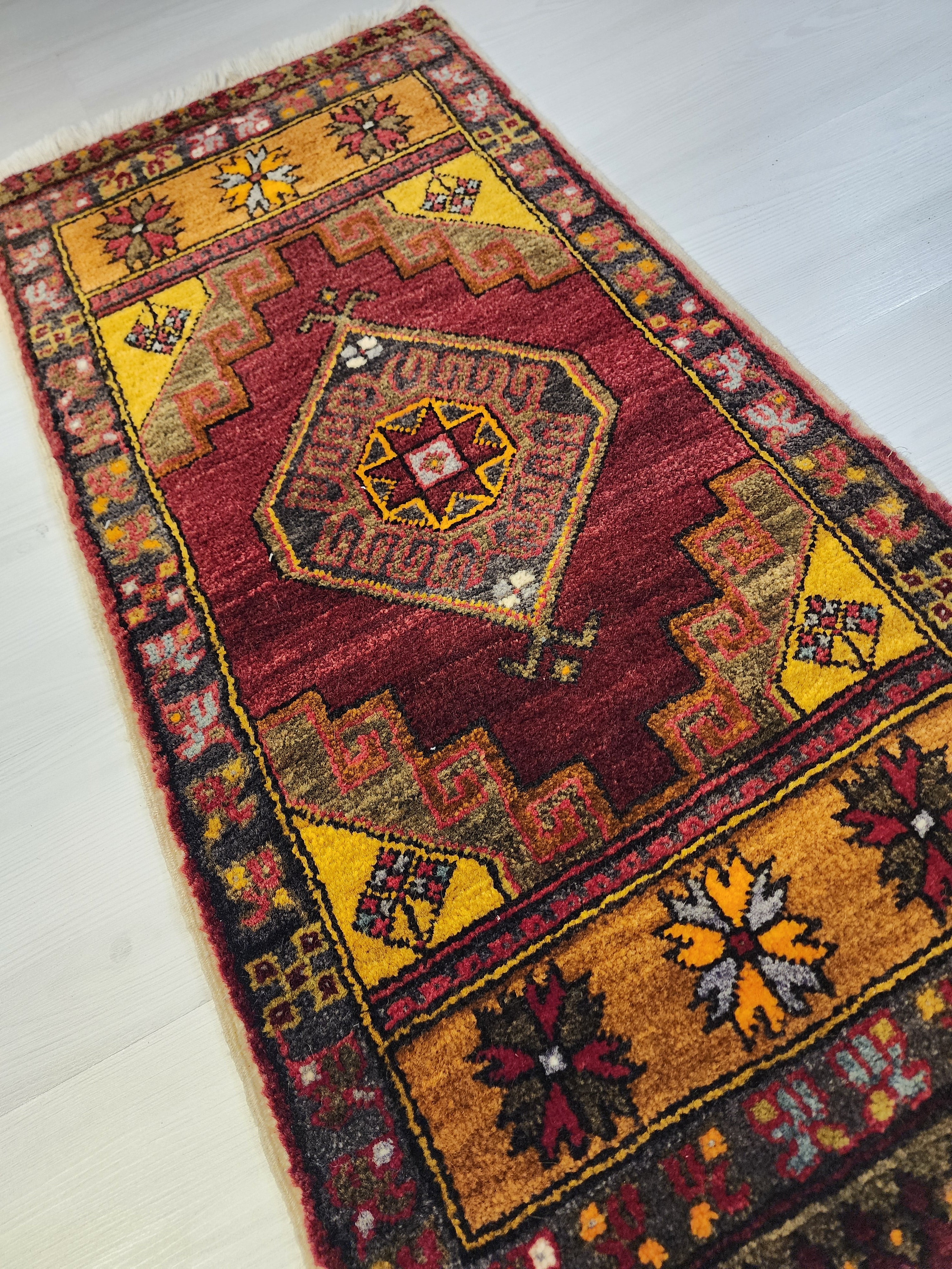 Lavinia - Vintage Konya Hand-Knotted Wool Rug, Burgundy Geometric Tribal Anatolian Mat