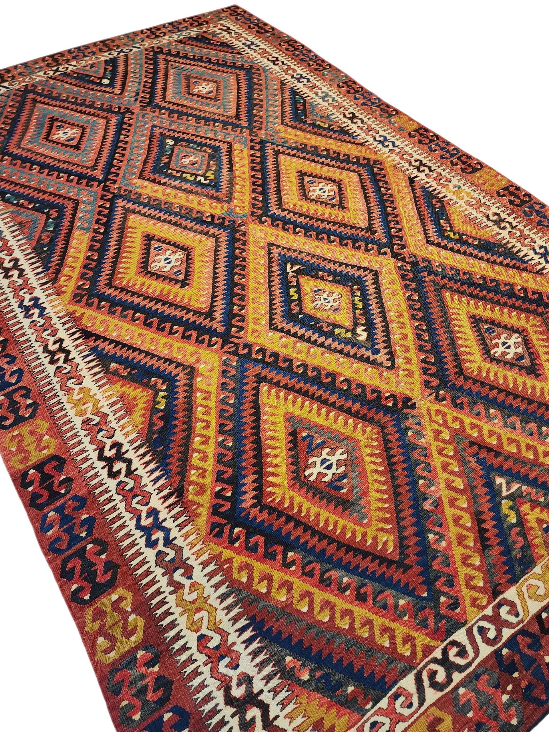 Vintage Fethiye Kilim Rug, Handwoven Turkish Wool Tribal Rug, Red Blue Geometric (5'10'' x 9'3'')
