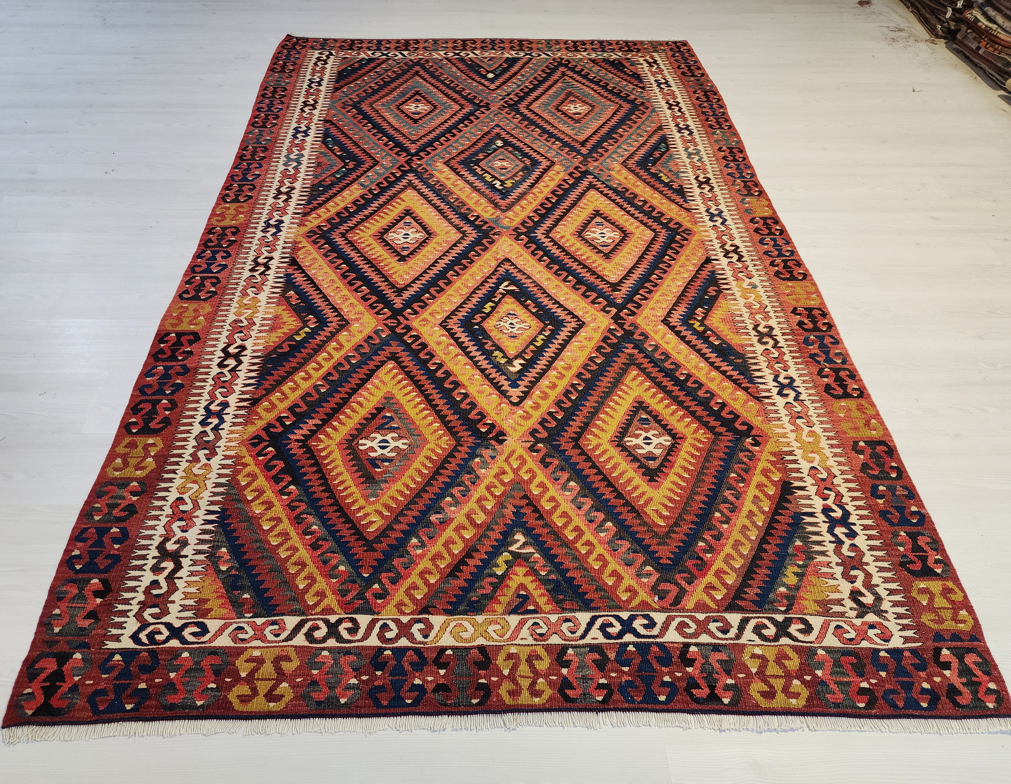 Vintage Fethiye Kilim Rug, Handwoven Turkish Wool Tribal Rug, Red Blue Geometric (5'10'' x 9'3'')