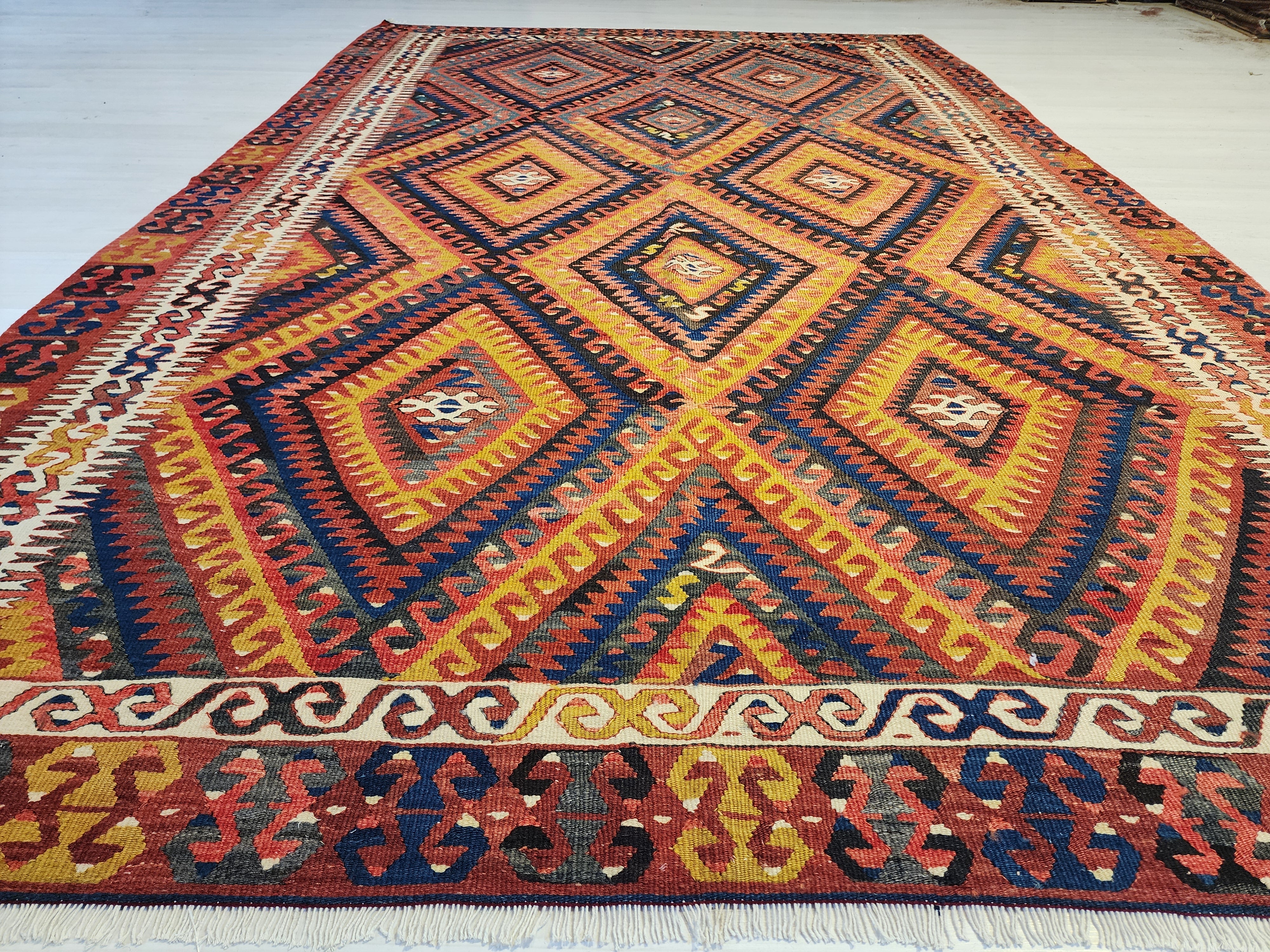 Vintage Fethiye Kilim Rug, Handwoven Turkish Wool Tribal Rug, Red Blue Geometric (5'10'' x 9'3'')